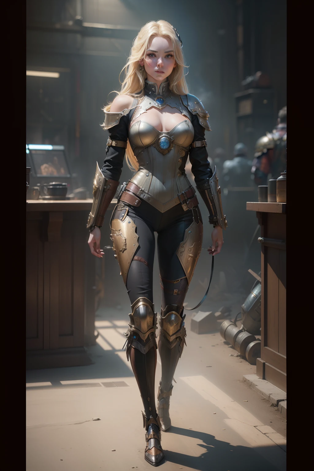 ((FULL BODY)), best quality, masterpiece, (photorealistic: 1.4), RAW photo, 8k, BLONDE GIRL WITH SHOULDER PADS OF STEEL STEAMPUNK, trending on artstation, sharp focus, studio photo, intricate details, highly detailed, by greg rutkowski