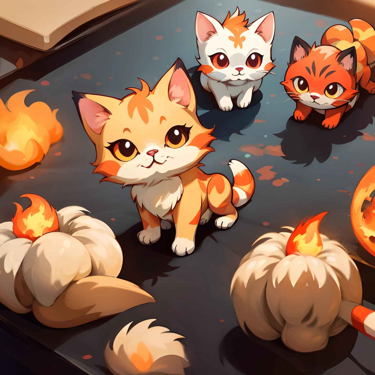 adesivo:1.2, fire cat Pokémon, criatura de fogo, olhos brilhando, fundo minimalista escuro.