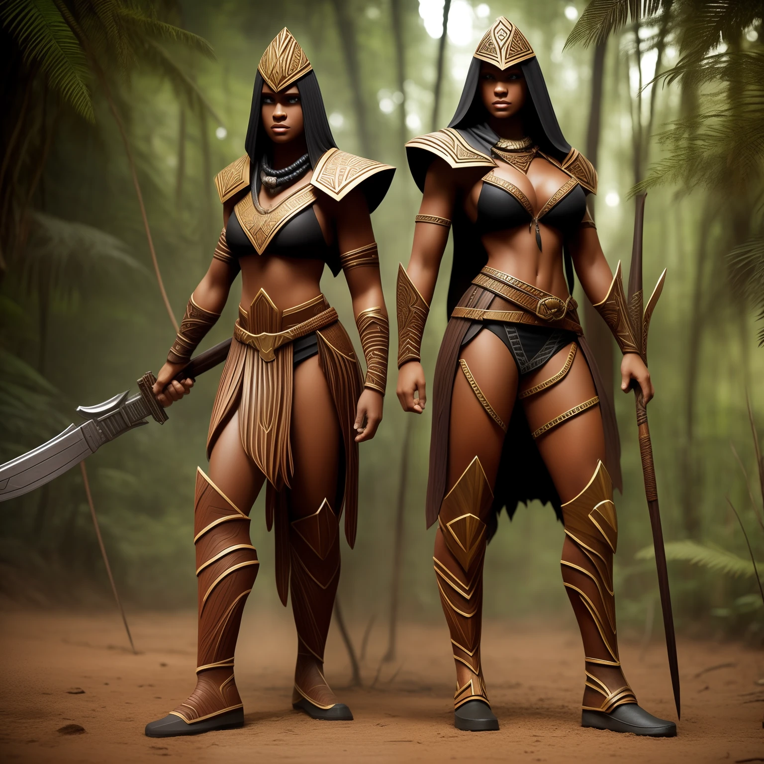 hermosa, sexy, Full-body African Zulu warrior, cuerpo estilizado, dressed in a characteristic outfit carrying a deadly spear, agazapada en la jungla asechando a su presa, gran angular, ultra detallada, imagen 3 D, 34K resolution, octanaje renderizado, detalle intricado, volumetric illumination, Efecto Vidrio roto. Photo style 50mm lens, apertura F 2.5. Sugerencias: No debe salir: Borroso, 2 cabezas, 2 caras, Anatomy bag, malas proporciones, mal arte, mal dibujado, cara mal dibujada, mutado, mutilado, extremidades extras, extremidades perdidas, extremidades, flotantes, extremidades fusionadas, fuera de foco, low res, cardboard, plastic