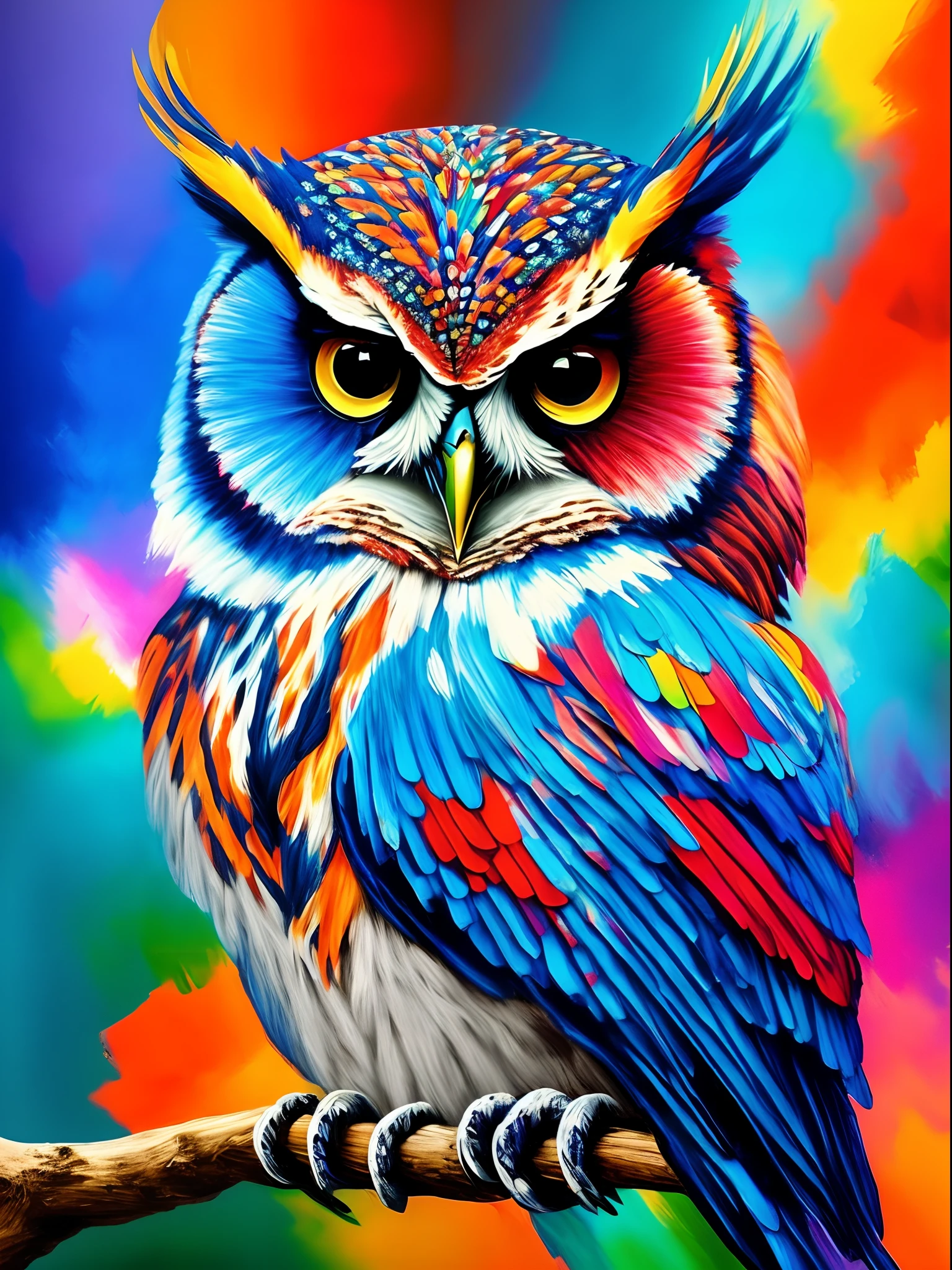 Brightly colored owl sitting on a branch with bits of paint, Arte de Alessandro Pautasso, lleno de colores y ricos detalles, Radiant owl, colores brillantes muy detallados, Hermoso arte UHD 4 K, Colores de alto detalle, pintado en acuarelas brillantes, lleno de colores, Pintura detallada 4 K, colorido hiperdetallado, extremadamente colorido, Ilustraciones coloridas, Pintura colorida