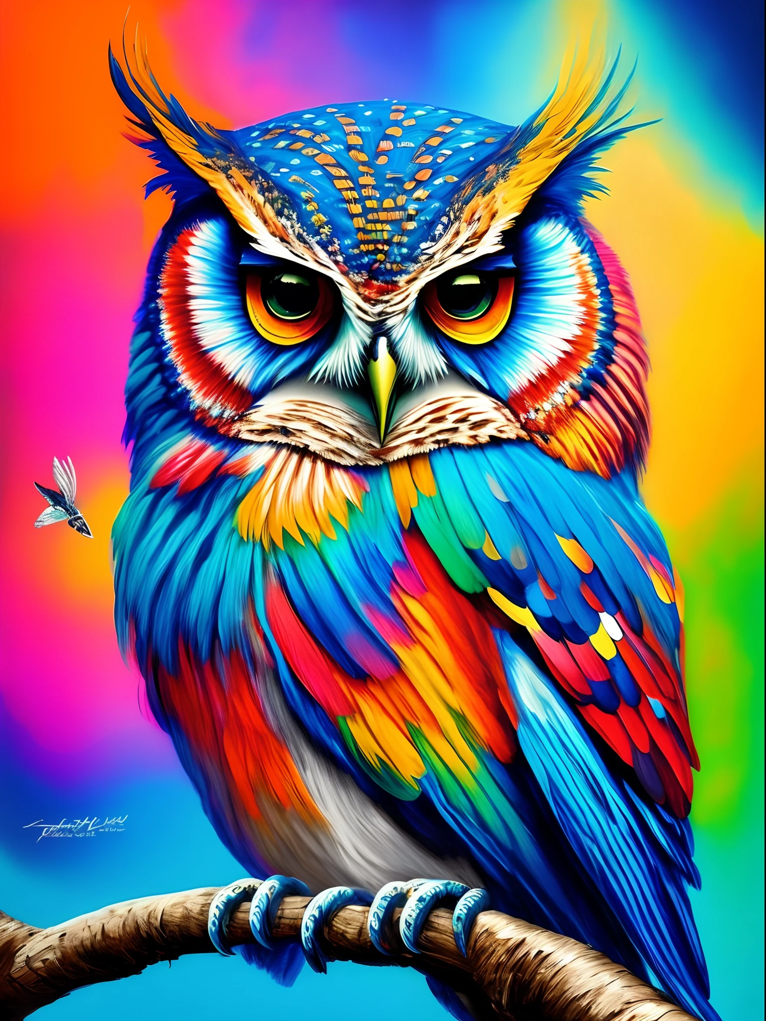 Brightly colored owl sitting on a branch with bits of paint, Arte de Alessandro Pautasso, lleno de colores y ricos detalles, Radiant owl, colores brillantes muy detallados, Hermoso arte UHD 4 K, Colores de alto detalle, pintado en acuarelas brillantes, lleno de colores, Pintura detallada 4 K, colorido hiperdetallado, extremadamente colorido, Ilustraciones coloridas, Pintura colorida