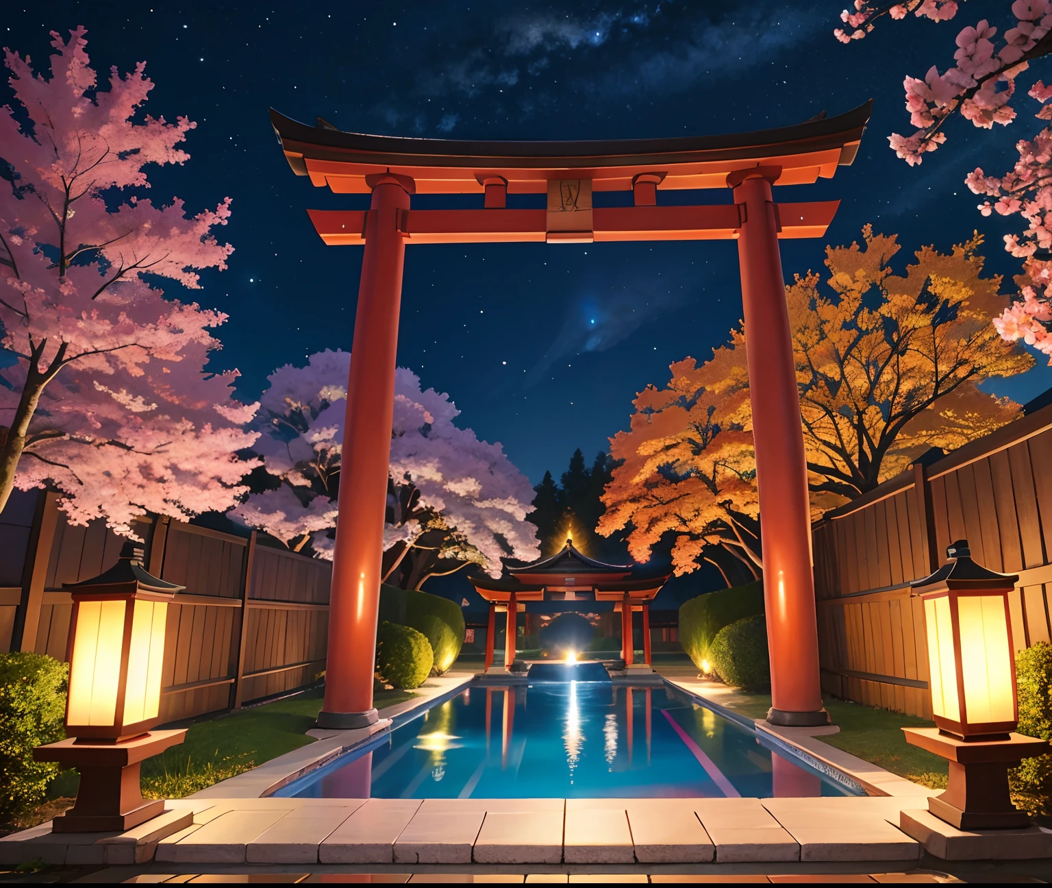 (tmasterpiece,top Quority,best qualtiy,offcial art,Beauty and aesthetics:1.2),extremely detaile,(s fractal art:1.3),extremely colorful,Hot springs in ultra-detailed complex,peach blossom,water puddles,Eau,Torii gate,The most detailed in Japanese architecture,( best-quality:0.8), (best-quality:0.8), Perfect anime illustration,BREAK steam