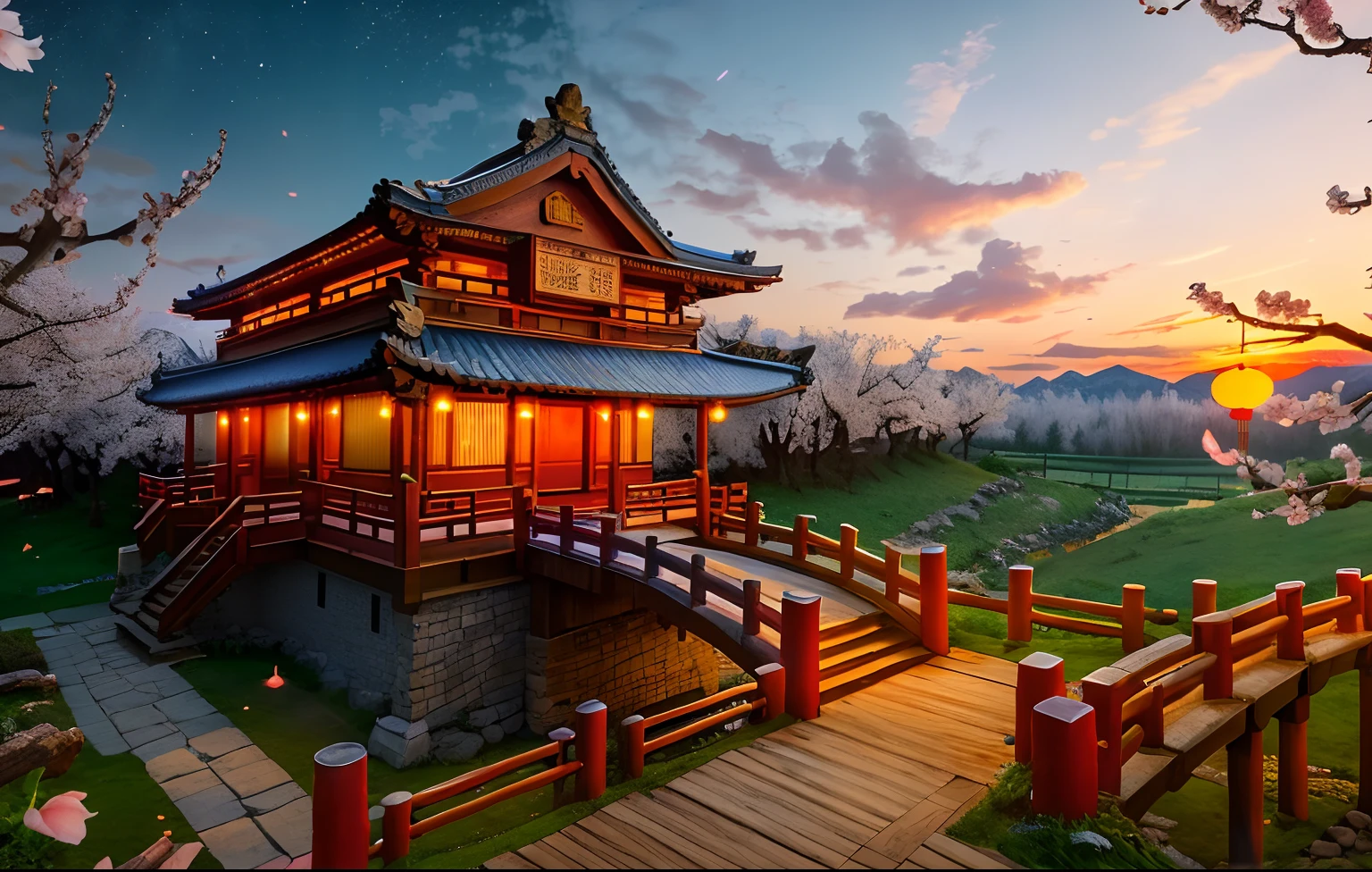 cinmatic lighting, glitters, depth of fields, Ray traching, UHD, super detailing, high detal, ancient buildings of China, eventide,Peach Blossom Forest, Colorful flowing clouds, wood bridges, (wooden cabin:1.2), lawns, the sunset, High hills,