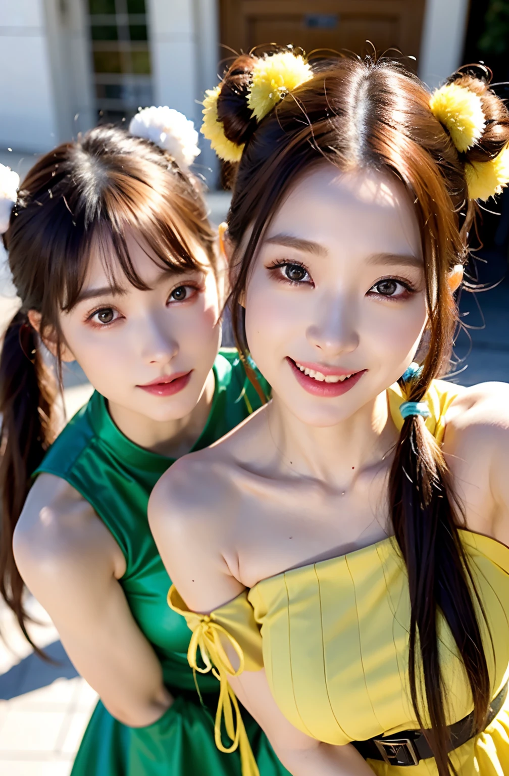 shukezouma, rendering by octane, nffsw, (ultra - detailed:1.15), (Soft light, sharp:1.2), (((duo,Two women in costumes take selfies on the street,colorful pigtail, Anime Cosplay,))),Beautiful Girl, Hyper Detail Eyes, Mature, Painting drops, paint teardrops, woman made up from paint, entirely paint, Splat, Splash, long colored hair,paint bulb,paint drops, Exposed shoulders, Tears,Shoulders are visible, Thighs exposed, seminude, focus on face, Beautiful face, eyeshadows, Outline of a dark circle, russian face, Russian girl, mascara, Beautiful, 18year old