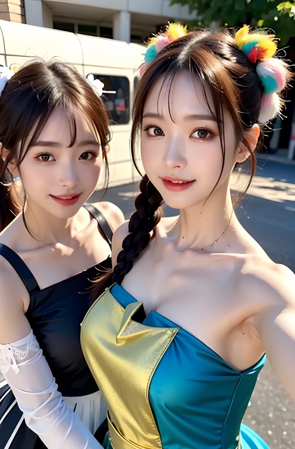 shukezouma, rendering by octane, nffsw, (ultra - detailed:1.15), (Soft light, sharp:1.2), (((duo,Two women in costumes take selfies on the street,colorful pigtail, Anime Cosplay,))),Beautiful Girl, Hyper Detail Eyes, Mature, Painting drops, paint teardrops, woman made up from paint, entirely paint, Splat, Splash, long colored hair,paint bulb,paint drops, Exposed shoulders, Tears,Shoulders are visible, Thighs exposed, seminude, focus on face, Beautiful face, eyeshadows, Outline of a dark circle, russian face, Russian girl, mascara, Beautiful, 18year old