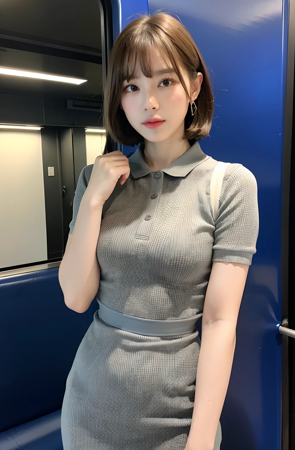 ((8K)、top-quality、masterpiece、超A high resolution:1.2)Photo Beautiful Japan woman(pleasing:1.1) Elegance、There is a good、Gradient lighting、1girl in、Delicate skin、Look here、Brown-eyed、(short hair with bangs:1.2)、(breasts are very large:1.0)、(medium areola:0.8)、(realisitic:1.4)、(top-quality:1.0)、(超A high resolution:1.0)、8K、Raw photography、(masterpiece:0.2)、(pureerosface_v1:0.5)、Contrast Trim Polo Neck Bodycon Dress、Onepiece、Polo shirt style dresses、Super Mini Length、the skirt is short、Chest is emphasized、Mini dress、Collared dress、shortsleeves、The clothes are dark blue and the collar is white、want me、Staring at this、JR Yamanote Line at night、on train、by the window、erect through、total darkness、subject、Lean、Look here、deep in the night、While holding the strap with one hand、a large bust、With strap,、Sleep with a strap、Standing Sleep、tote bags、
