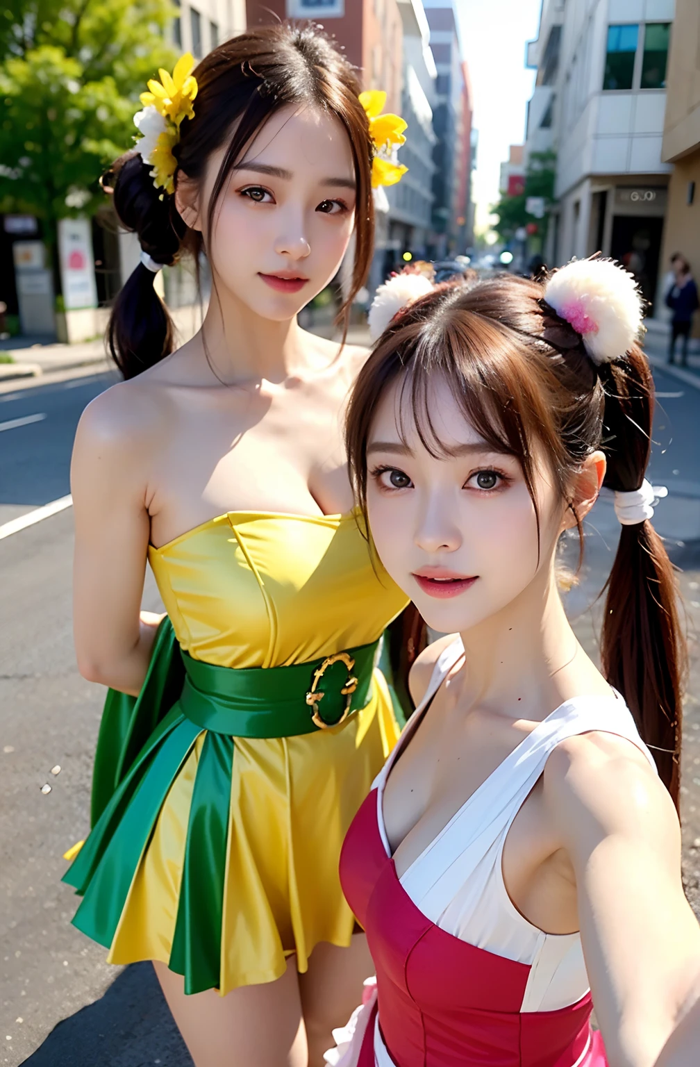 shukezouma, rendering by octane, nffsw, (ultra - detailed:1.15), (Soft light, sharp:1.2), (((duo,Two women in costumes take selfies on the street,colorful pigtail, Anime Cosplay,))),Beautiful Girl, Hyper Detail Eyes, Mature, Painting drops, paint teardrops, woman made up from paint, entirely paint, Splat, Splash, long colored hair,paint bulb,paint drops, Exposed shoulders, Tears,Shoulders are visible, Thighs exposed, seminude, focus on face, Beautiful face, eyeshadows, Outline of a dark circle, russian face, Russian girl, mascara, Beautiful, 18year old