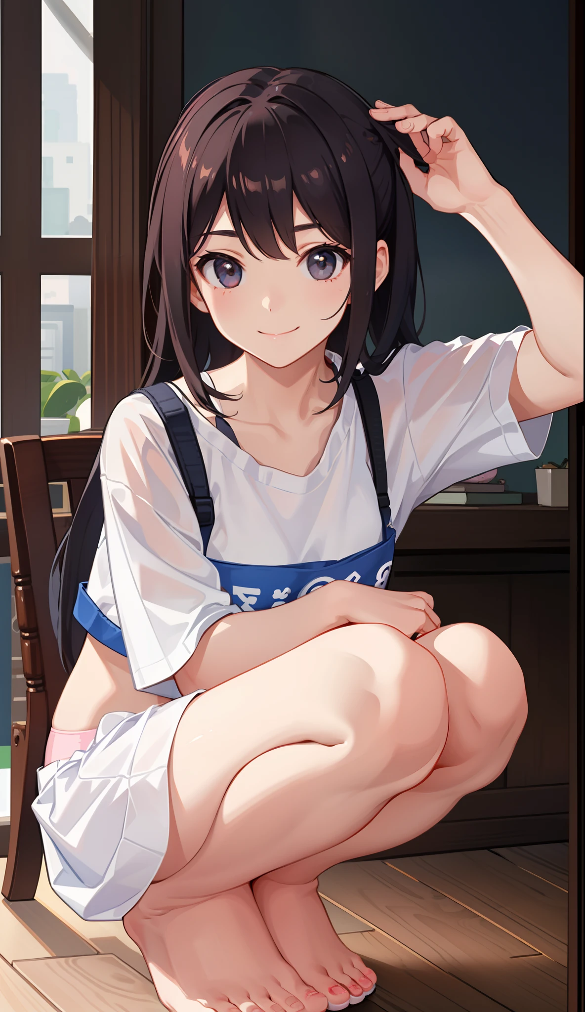 1girl in、A smile、Underwear、Cute underwear、Upper body portrait、Squatting panchira、