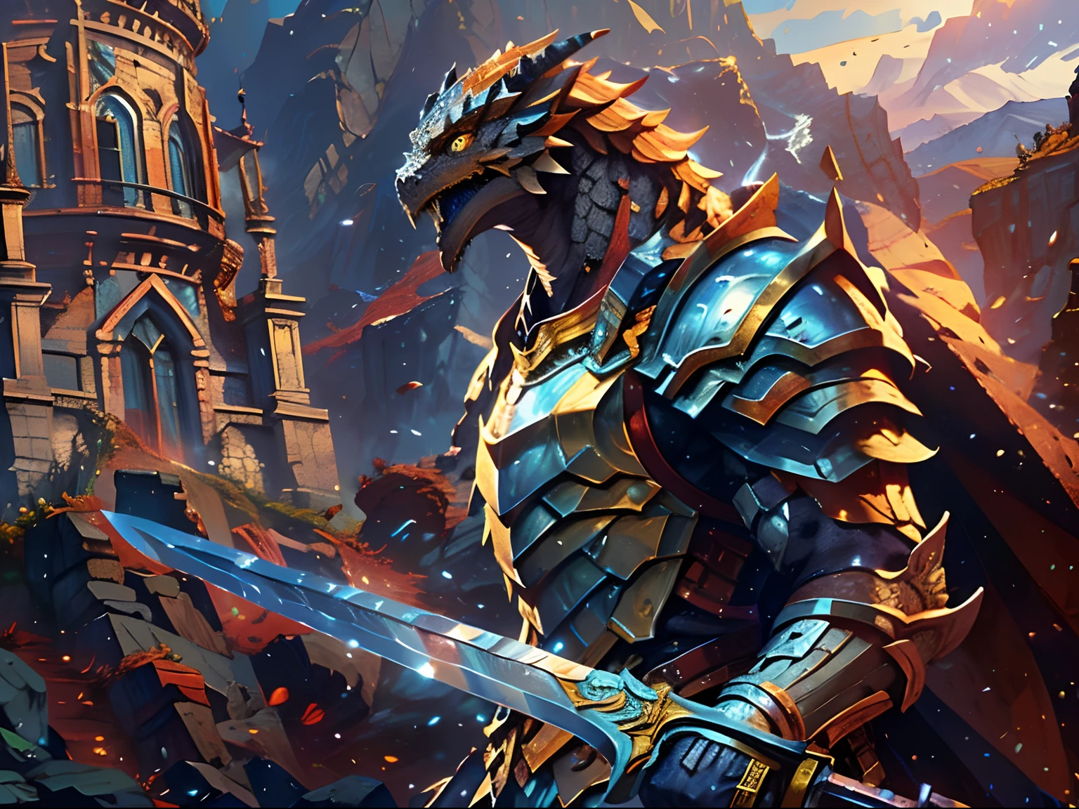 arafed high details, best quality, 8k, [ultra detailed], masterpiece, best quality, (extremely detailed), dynamic angle, ultra wide shot, photorealistic, RAW, fantasy art, dnd art, fantasy art, realistic art, a wide angle picture of a dragonborn paladin ready for battle, full body  (intense details, Masterpiece, best quality: 1.5), D&D dragonborn, silver dragonborn, dynamic eyes color, reptilian eyes, ultra detailed face  (intense details, Masterpiece, best quality: 1.5), wearing heavy armor, white armor, wearing cloak, long cloak, flowing cloak, dynamic colors, armed with sword  (intense details, Masterpiece, best quality: 1.5), holy avenger sword, sword with yellow magical aura (intense details, Masterpiece, best quality: 1.5), holding a shield  (intense details, Masterpiece, best quality: 1.5), dark fantasy temple background, evil temple background (intense details, Masterpiece, best quality: 1.5), sense of action, atmosphere of danger