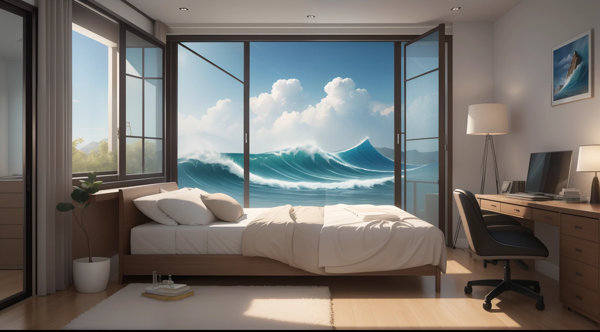 masterpiece, best quality, high quality, extremely detailed CG wallpaper unit with big waves 8k, bedroom, interiors, sky, cloud, day, no humans, apt, landscape, Bokeh, HDR, bloom, chromatic aberration, photorealistic, extremely detailed, trend in artstation, trend in CGsociety, high detail, art by midjourney, science, comfory, pixiv, a room full of hobbies