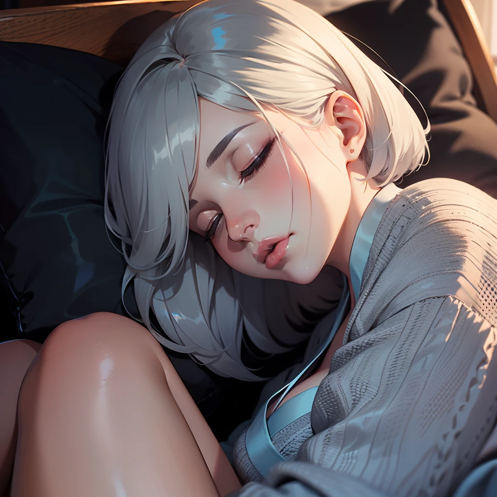 (masterpiece, best quality), photorealistic, cinematic, anime girl, 1 girl, ((close up shot:1.5)), head to toe visibility, perfect anatomy, curvaceous body, alluring, perfect eyes, ((lips slightly parted:1.5)), perfect hands, large cleavage, round ass, long round legs, in peaceful slumber, ((the woman with silver hair sleeps serenely:1.5)), ((sleek bob cut:1.5)), ((her hair cascades over the pillow:1.5)), ((her nightwear is a sleep romper with a kimono robe)), (((fetal position, legs curled up:1.2))), her blanket echoes the calmness of the ocean, a soft aqua color with a delicate pattern resembling ripples on water, cradling her in a sea of dreams, extremely detailed Artgem, ig model, artgem, alena aenami and artgem, krenz cushart and artgem, artgem and atey ghailan