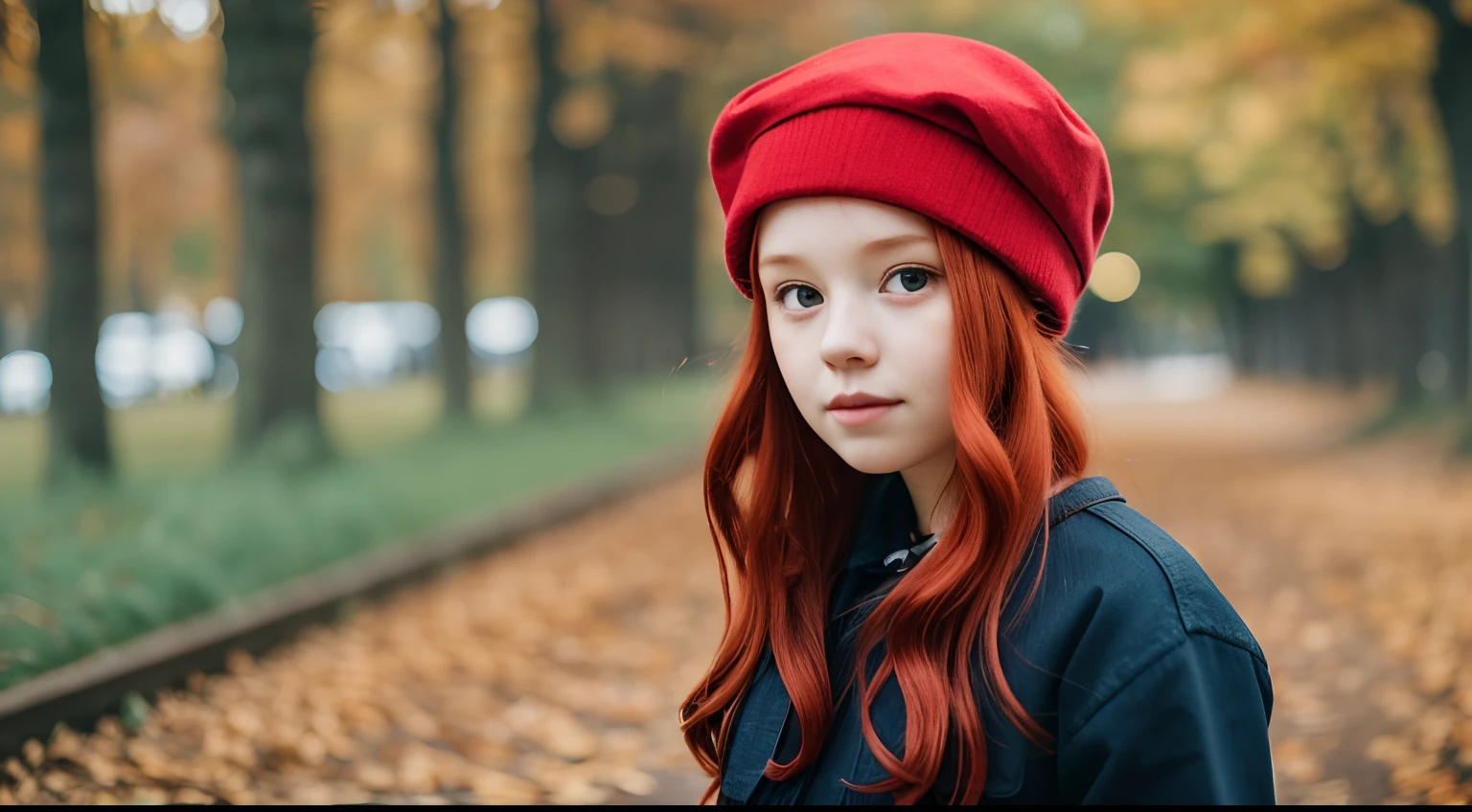There is a child girl with red hair wearing a red hat, red haired girl, red-haired girl, cute red-haired girl, red haired girl, red cheeks, red cap, portrait of a girl with red hair, red head, she is redhead, red hat, she has red hair, soft red hair, she has long redorange hair, with red hair, wearing a French beret