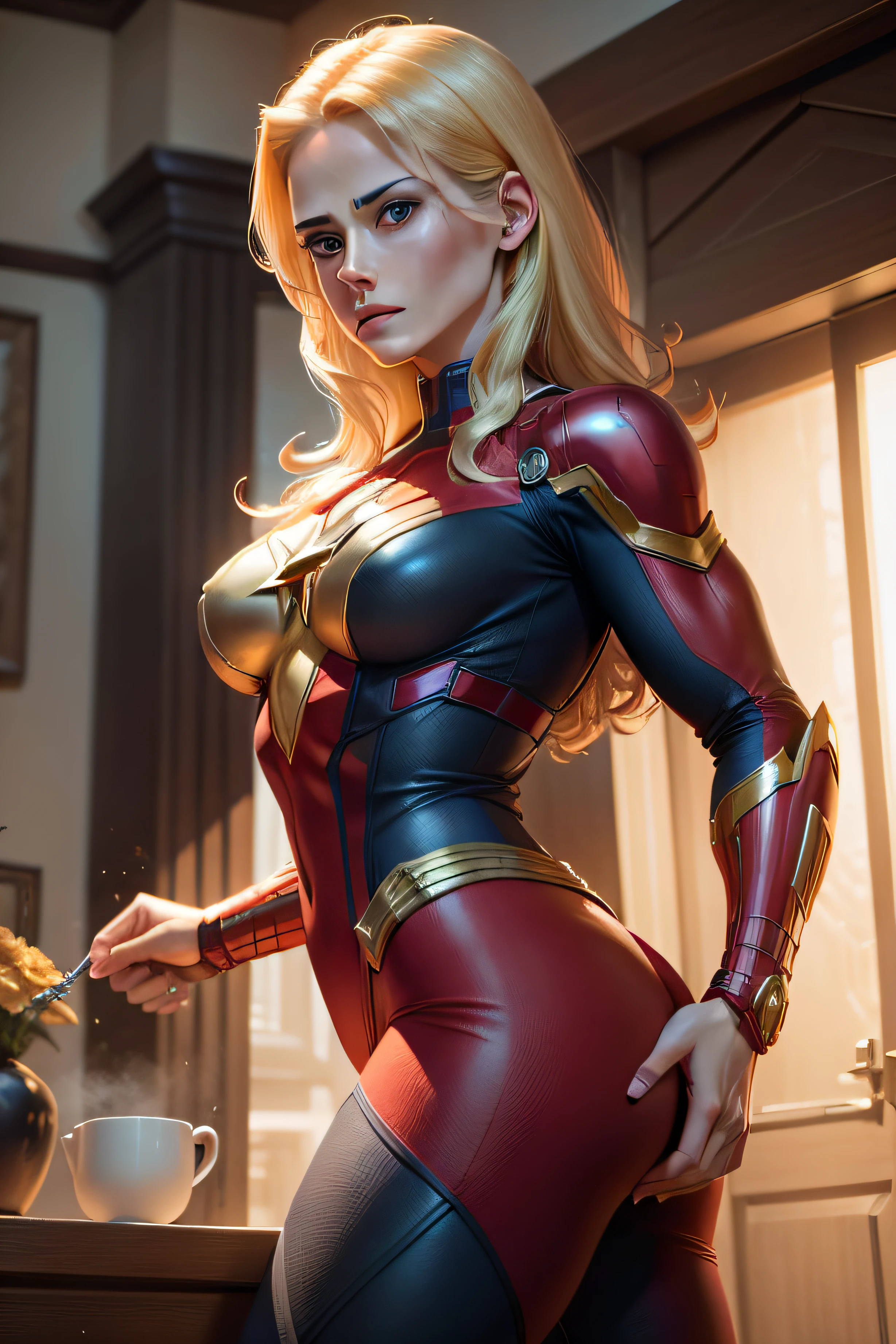 Carol Danvers Captã Maravilha, corpo definido detalhado , seios grandes, Marvel Atmosphere Vivid Red
