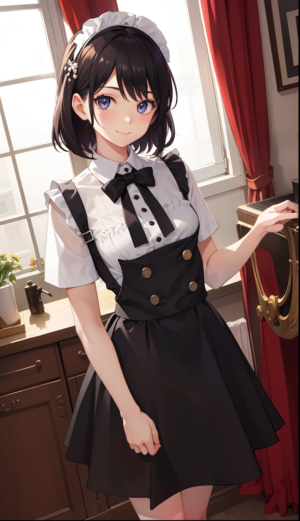 1girl in、A smile、A delightful!　The shirt、skirt by the、（small tits）pinafore、doress、hair adornments、Maids、