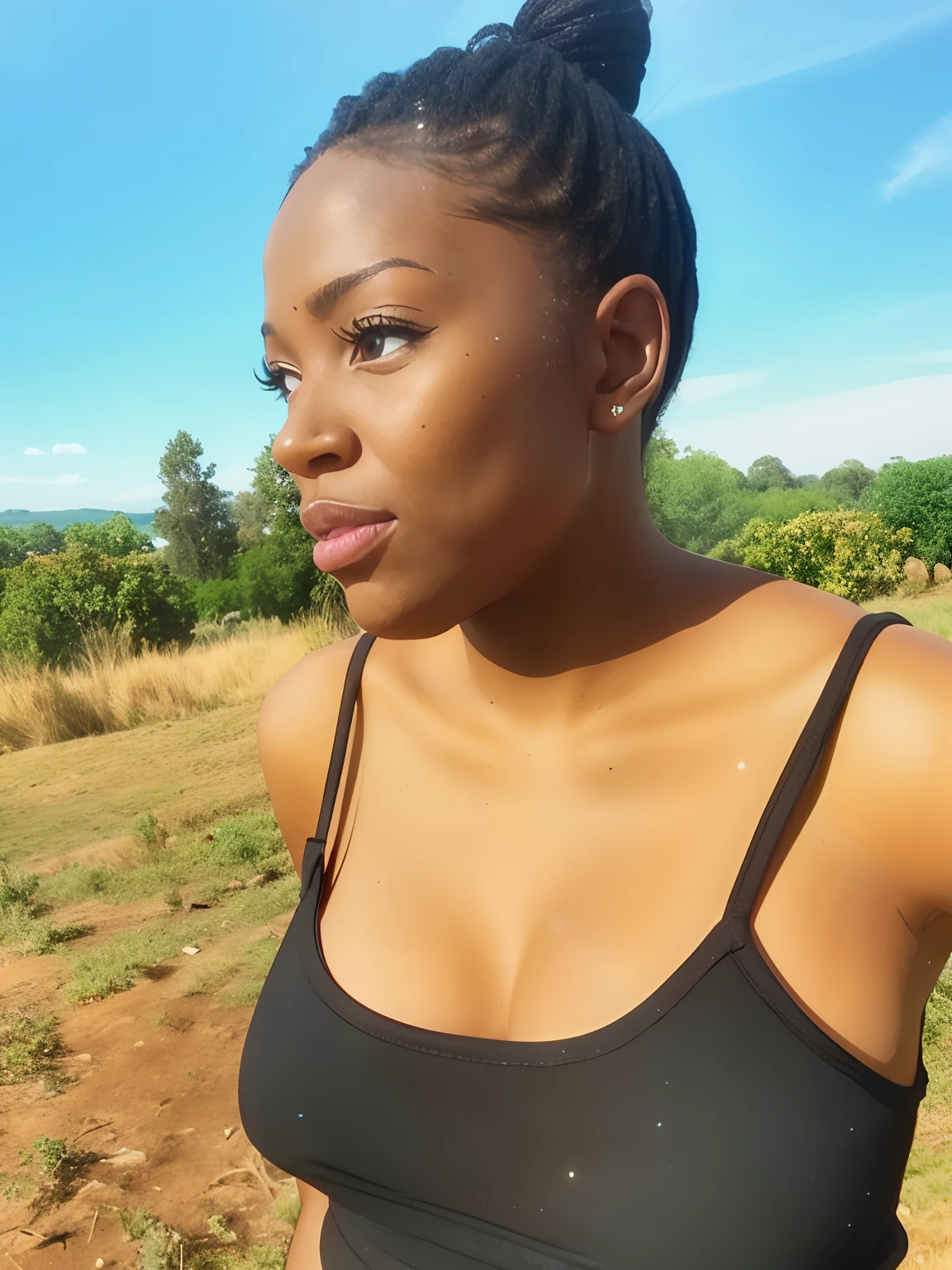 there is a woman with a black top standing in a field, sparkling in the sunlight, with the sun shining on it, mid morning lighting, hills in the background, african sybil, midday sunlight, african domme mistress, background is heavenly, photo of a black woman, the smooth black lioness, looking off into the distance, beautiful late afternoon