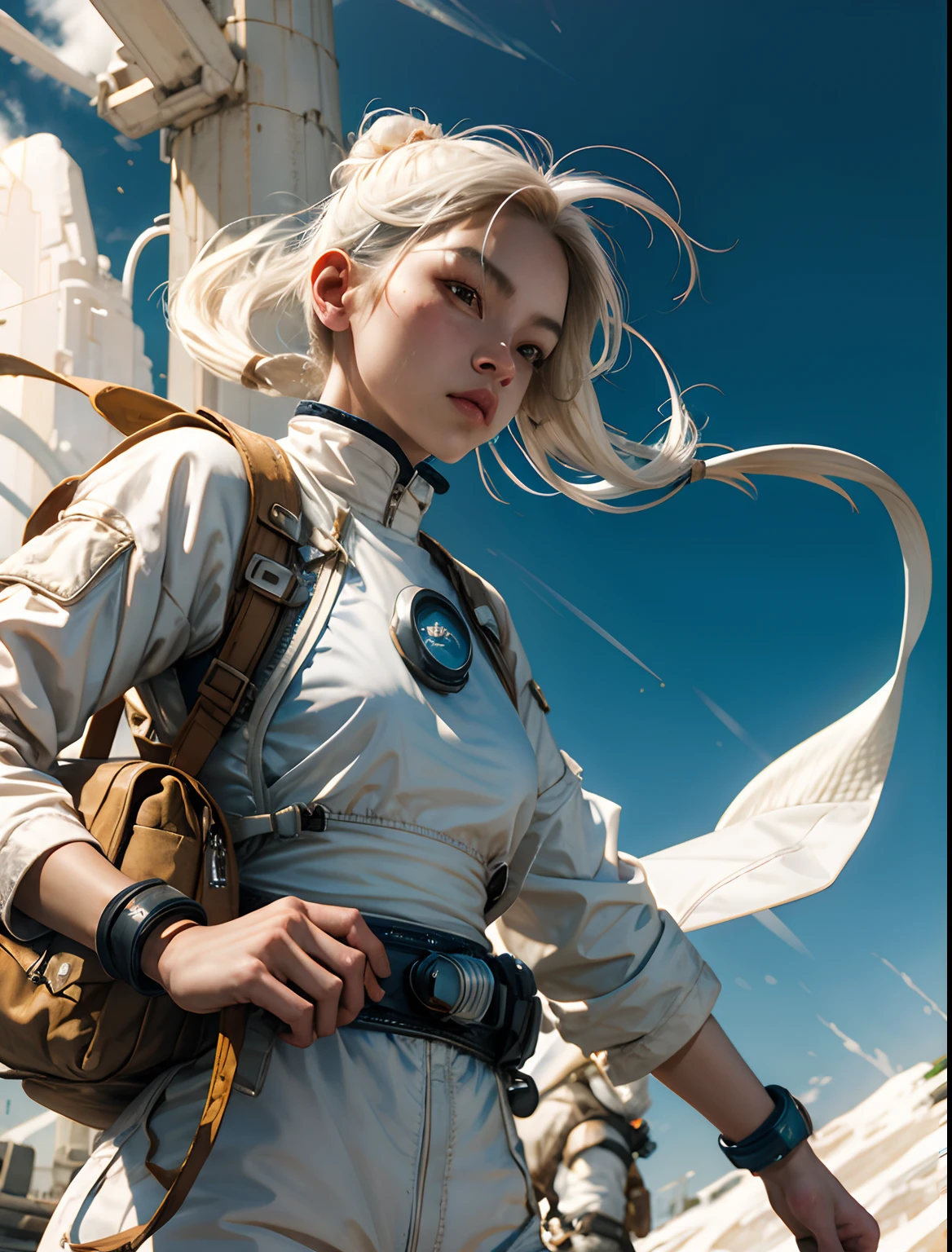 1monk warrior girl with white techwear clothes, white long hair, laces, abstract vintage scifi background, art by Moebius, art by Ashley Wood