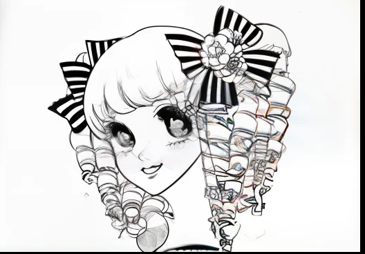 Drawing of a girl with a bow and ribbon, Cute cartoon style, Lori, kawaii anime manga style, inspired by Takehisa Yumeji, black and white manga style, in manga style, in style of manga, portrait of the magical Lolita girl, detailed manga style, small curvy loli, retro anime girl, inspired by Kusumi Morikage