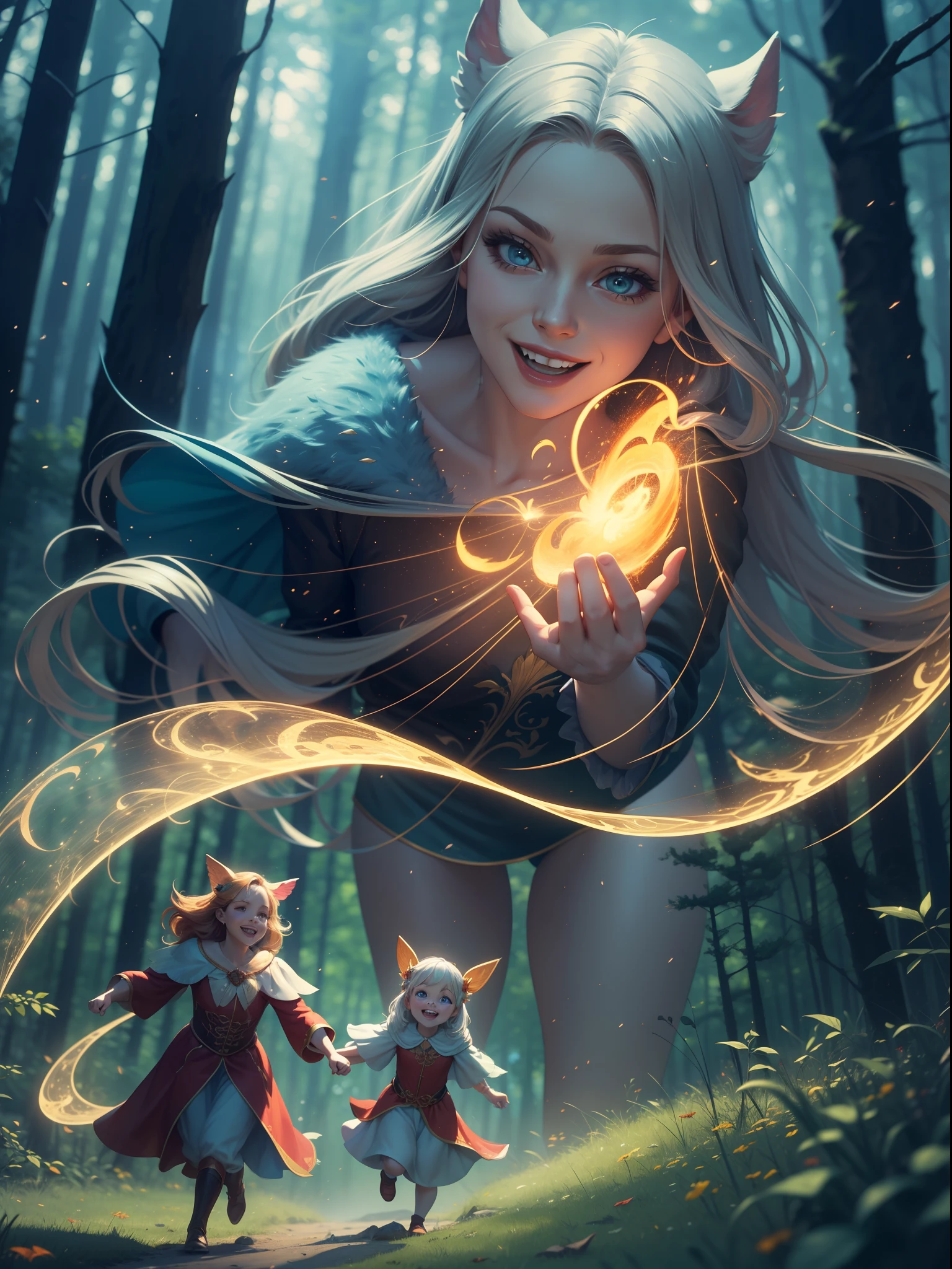 dynamic scene. Russian fairy tale. Close-up of cheerful moving characters. Cartoon style. Super realistic. Cinematic. Very dark blurred forest background. Light haze. 8K --auto --s2