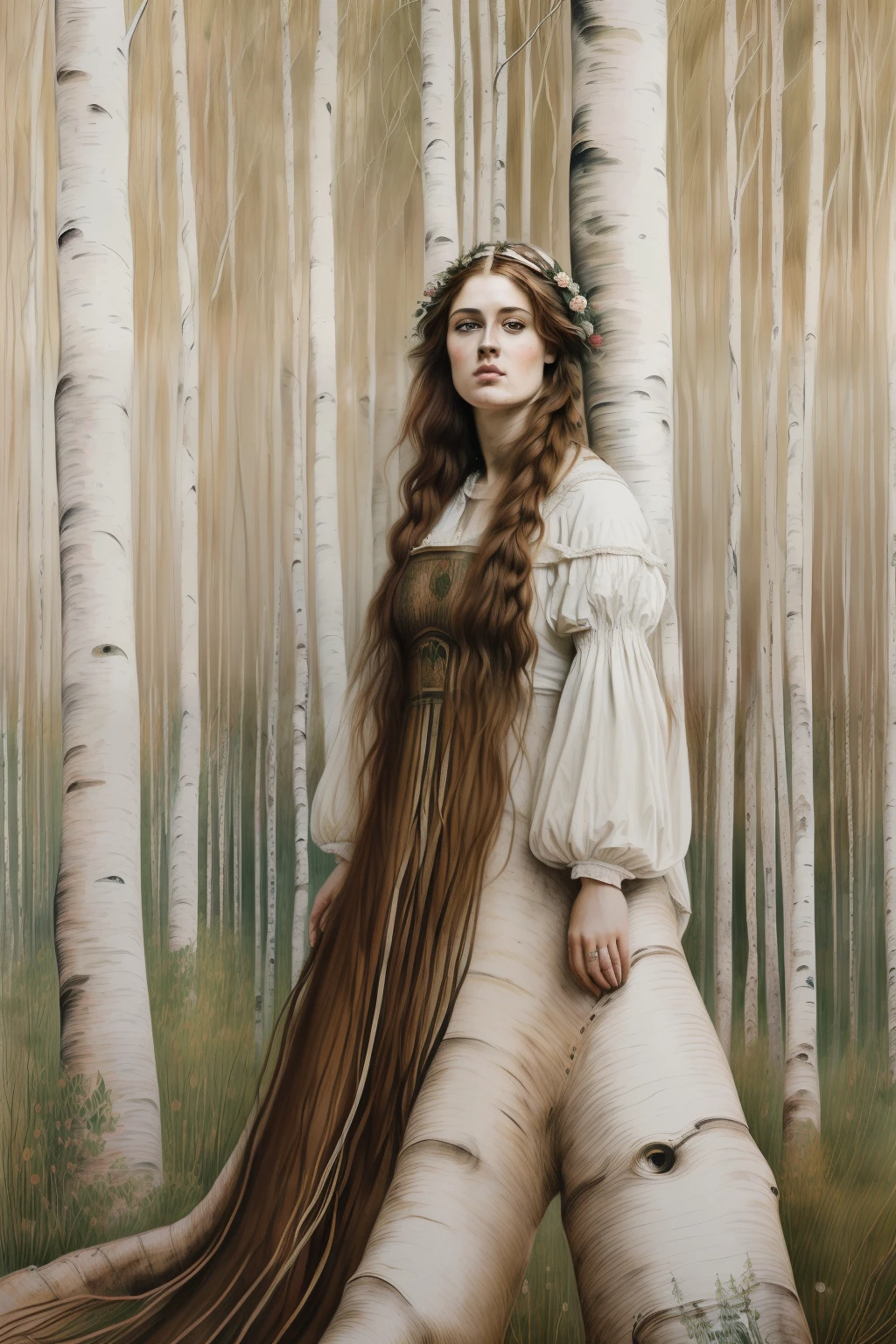 (((Painting of Pre-Raphaelite woman made of white birch trunk, tree-woman, cabelo de folhas amarelas, Mata dos Vidoeiros, tonalidade outonal. Eye and eyebrows on birch trunk, "eyes and eyebrows on birch trunk")))