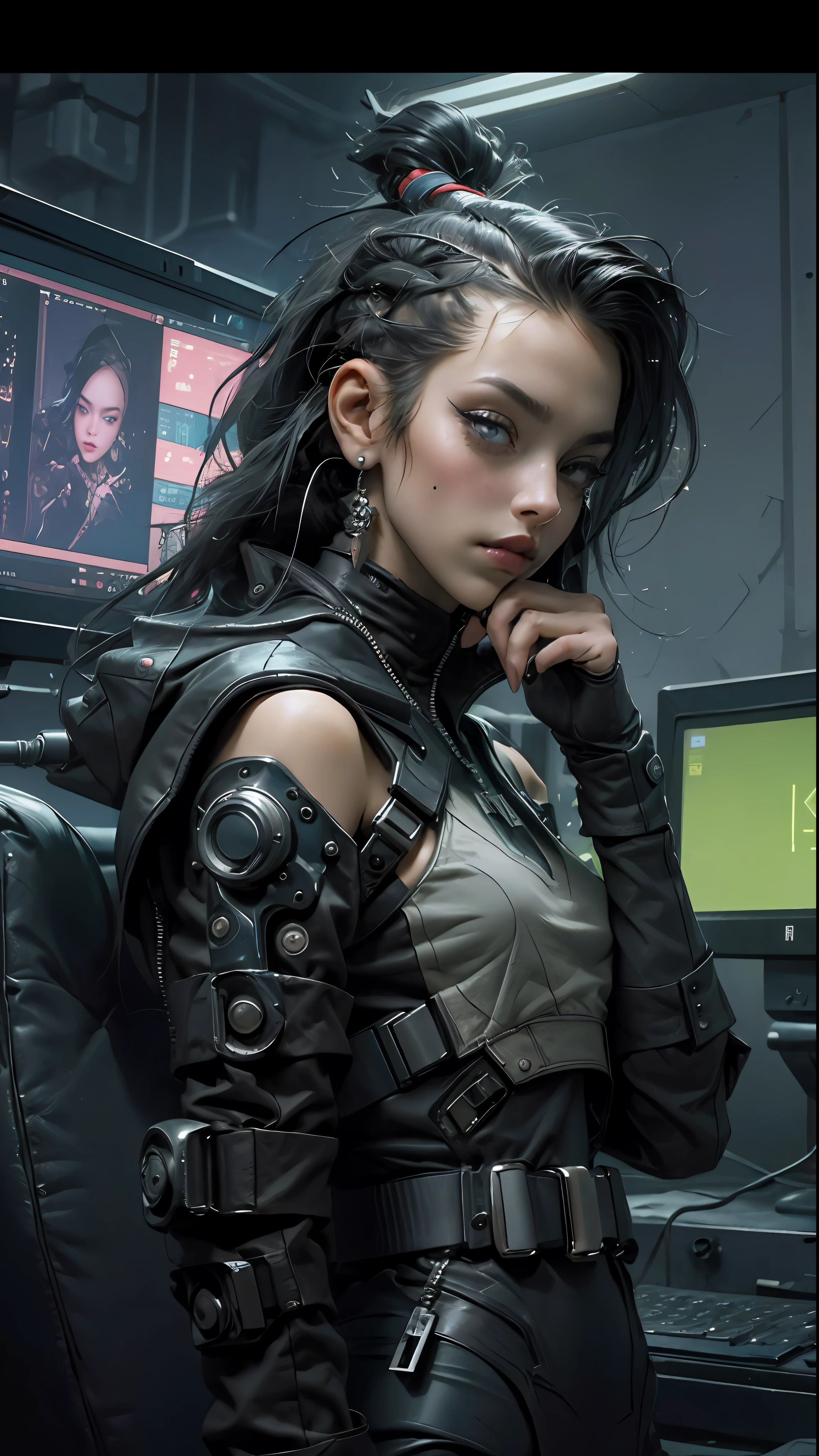 Fotografia ((Melhor qualidade)), ((obra-prima)), (altamente detalhado:1.3), 3D, bela (cyberpunk:1.3) hacker mulher com cabelo volumoso grosso operando um terminal de computador