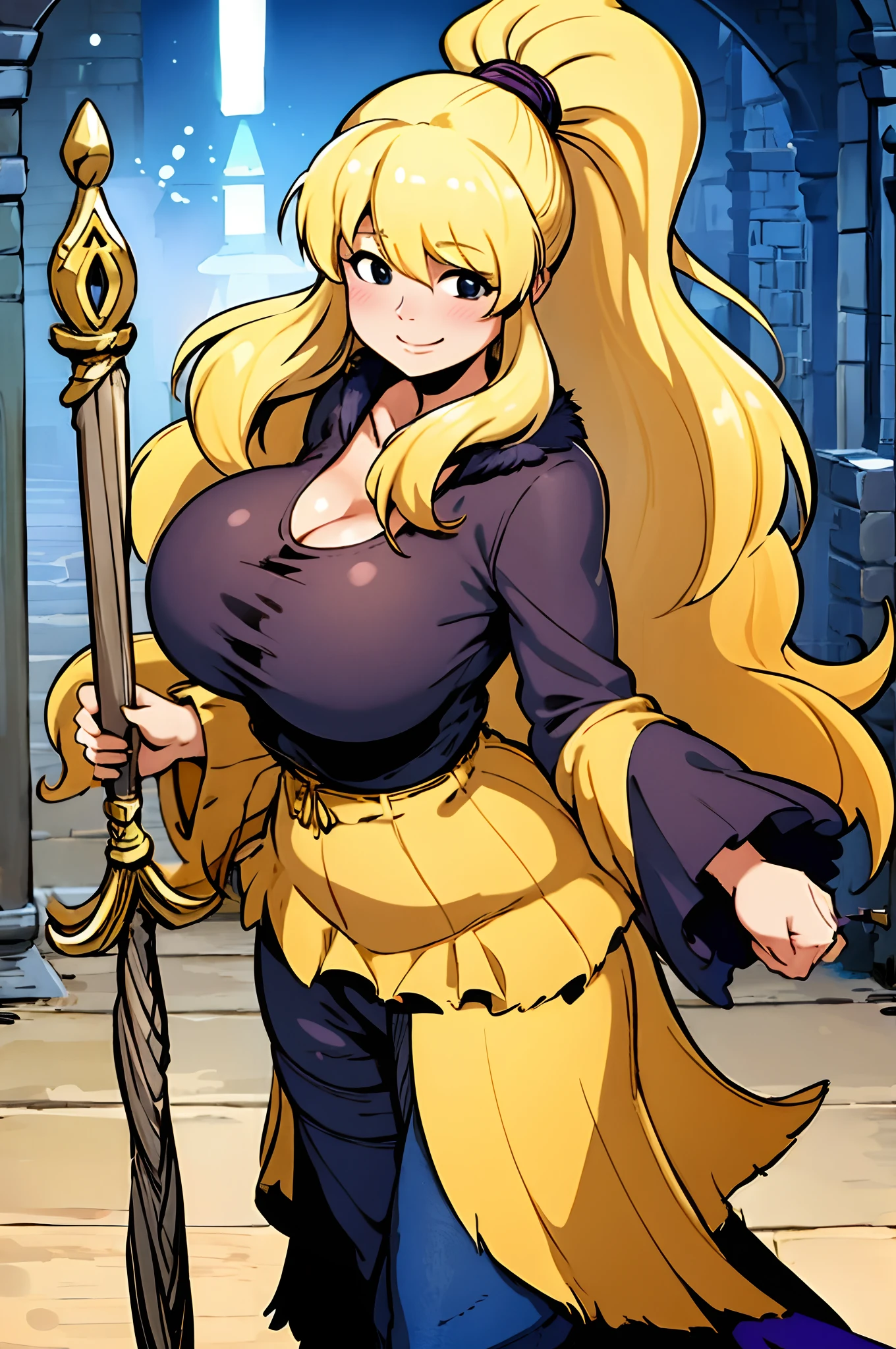 (black eyes), blonde hair, solo, high ponytail,fantasy, wizargirl,spellcasthing, stylised robe, huge breast, curvy, mature, walking, holy staff holding, smile, blush, blushy, fur coat, pants, pullover, medieva village europe, medieval architecture, naval covred, hivernal village,julie winter