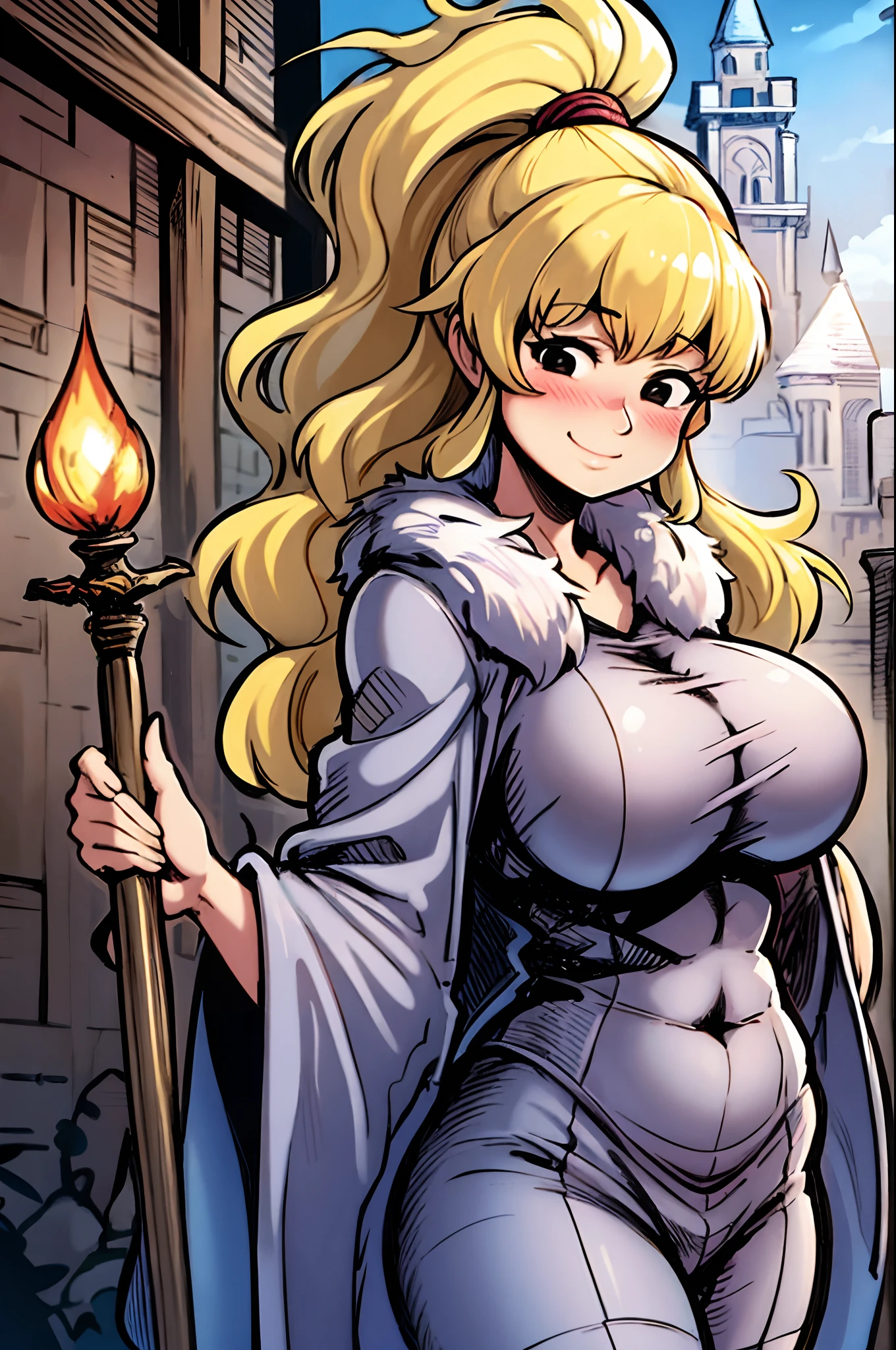 (black eyes), blonde hair, solo, high ponytail,fantasy, wizargirl,spellcasthing, stylised robe, huge breast, curvy, mature, walking, holy staff holding, smile, blush, blushy, fur coat, pants, pullover, medieva village europe, medieval architecture, naval covred, hivernal village,julie winter