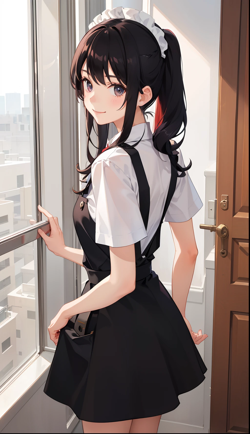 1girl in、A smile、A delightful! The shirt、skirt by the、(small tits)pinafore、doress、hair adornments、Maids、