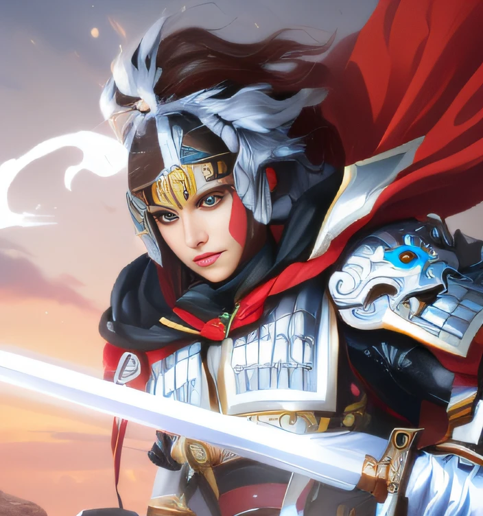 Woman in white armor holding sword