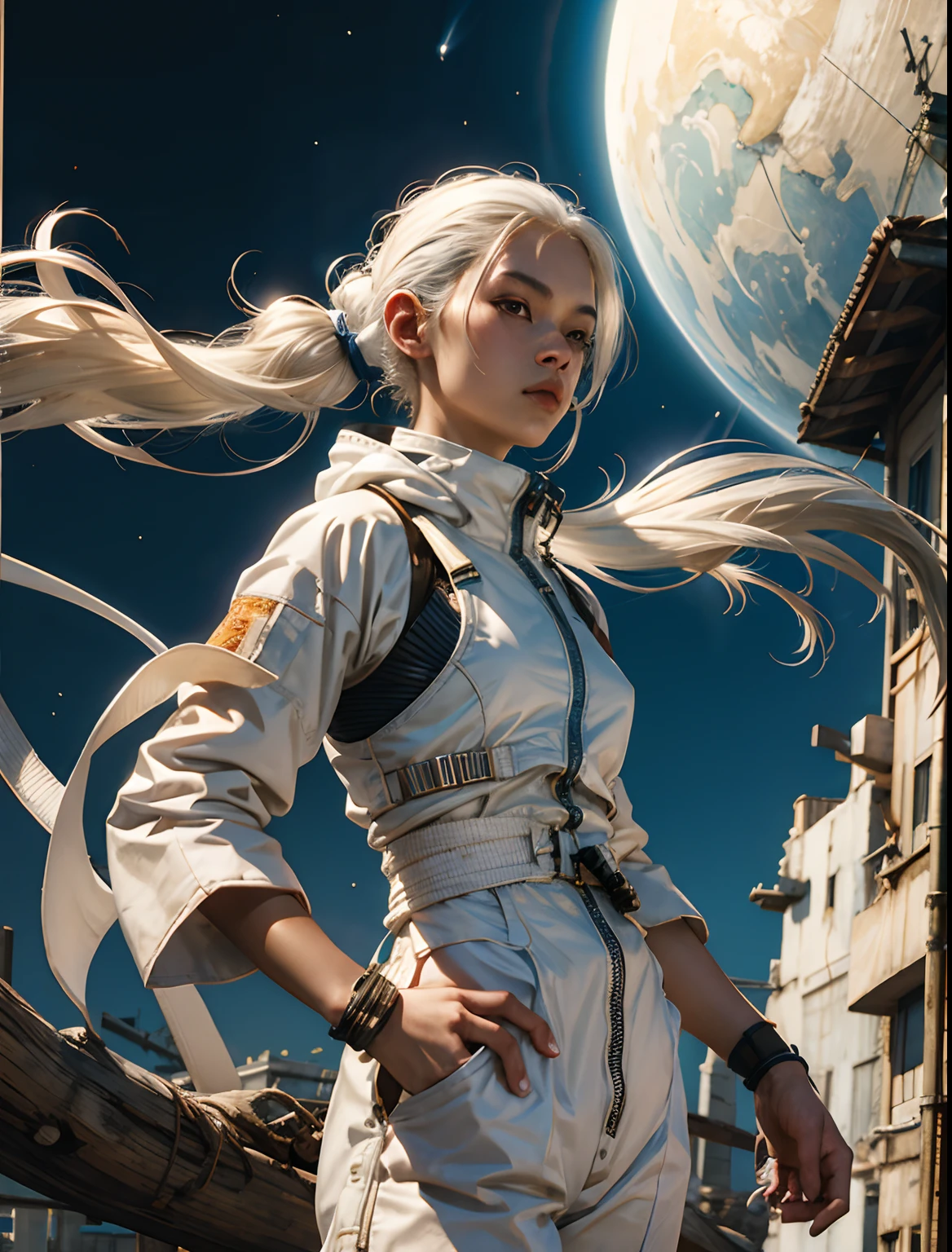 1monk warrior girl with white techwear clothes, white long hair, laces, abstract vintage scifi background, art by Moebius, art by Ashley Wood