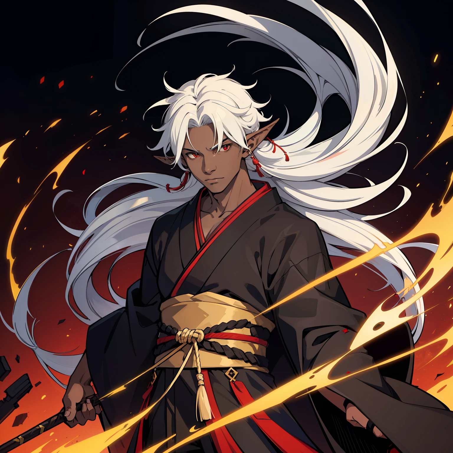 (1 boy), (teenager), (solo), white hair, messy hair, long hair, (dark skin), strong body, black kimono, red details in the black kimono, elf ears, ((high quality)), (very detailed)