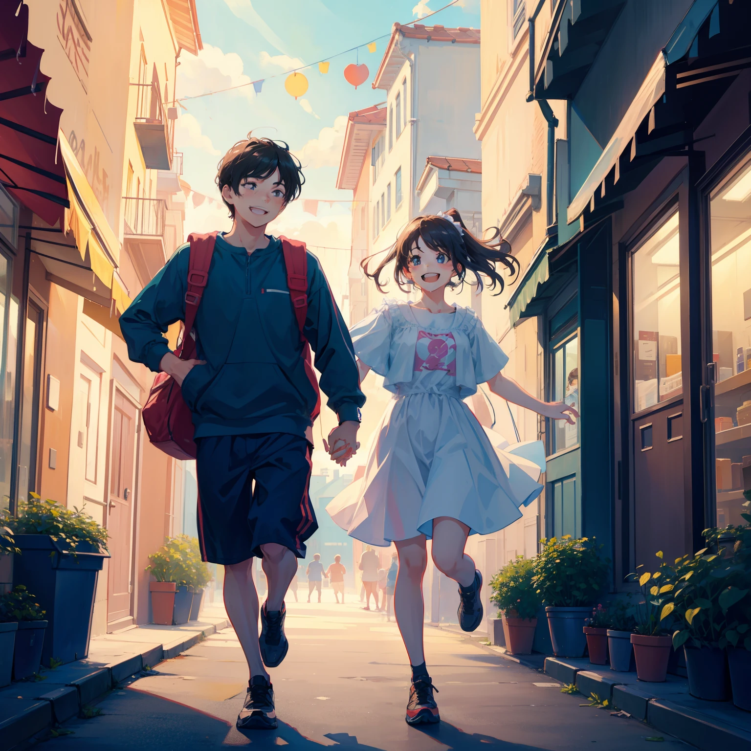 Boy and girl having fun running around and holding hands, masterpiece, smiling