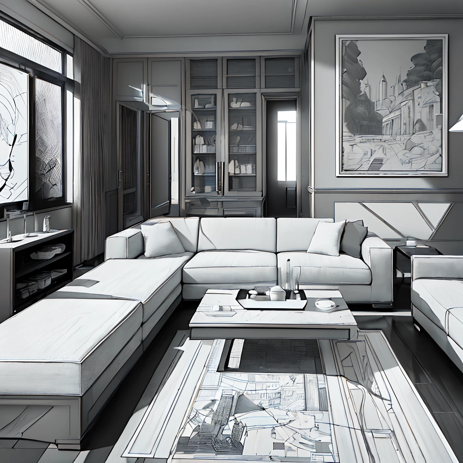 masterpiece、top-quality、High-quality images、8K、 ((unmanned、Background with、Accurate perspective、line-drawing、Contour extraction、Monochrome grayscale、Moderate shading、Medium omission、Comic style、)):1.4 ((livingroom、unmanned))1.5