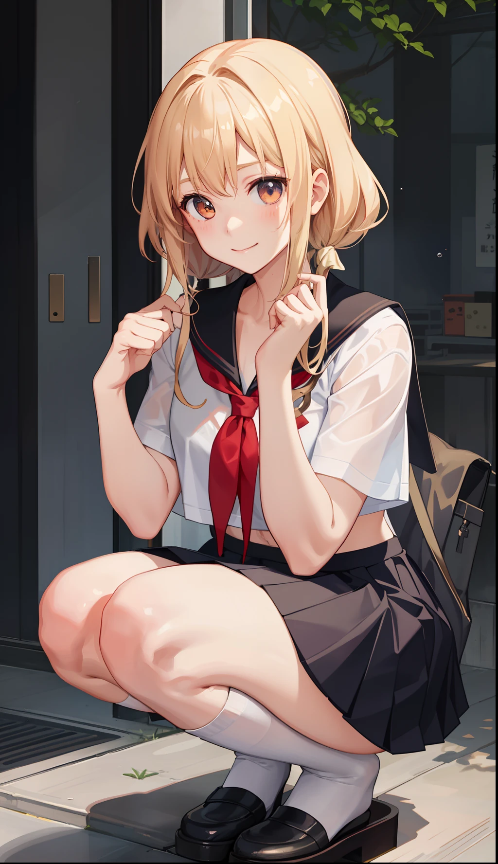 1girl in、A smile、The shirt、skirt by the、（small tits）Chilarism、Japan High School Student Uniform、serafuku、summer clothing、Squall Drenched Uniform、（Sheer Bra）、Upper body portrait、blonde  hair、Squatting panchira、