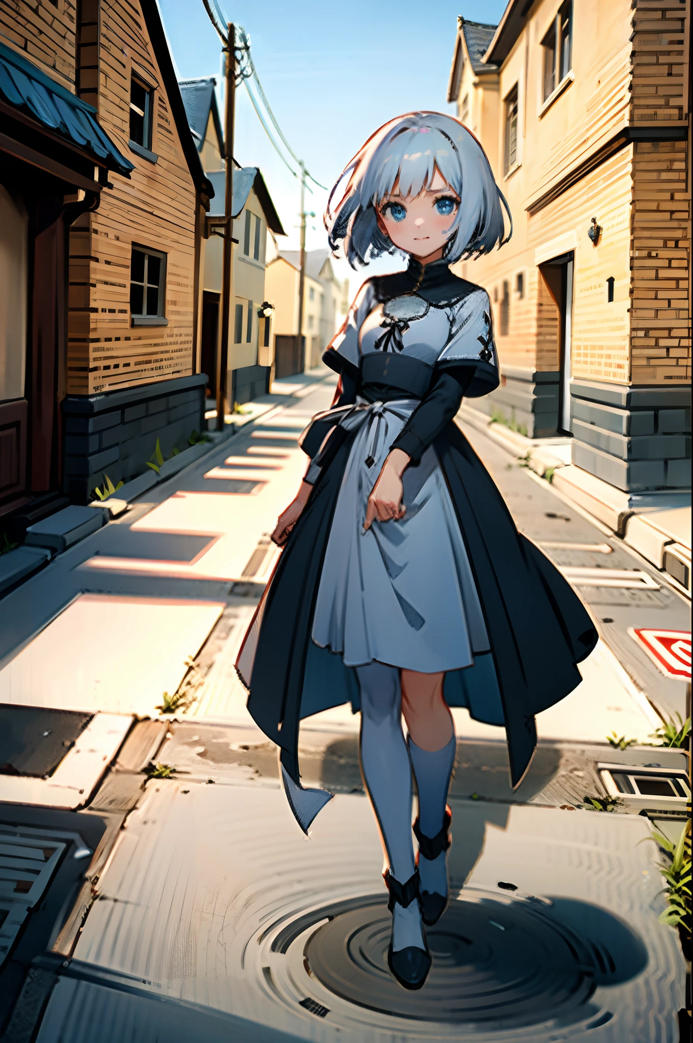 Anime girl with white short hair and blue eyes, wearing short medieval white dress, stay on the road medieval city, old town, medieval lore, perfect face, cute face, ultrasharp, 8k, masterpiece, full body, seductive girl,