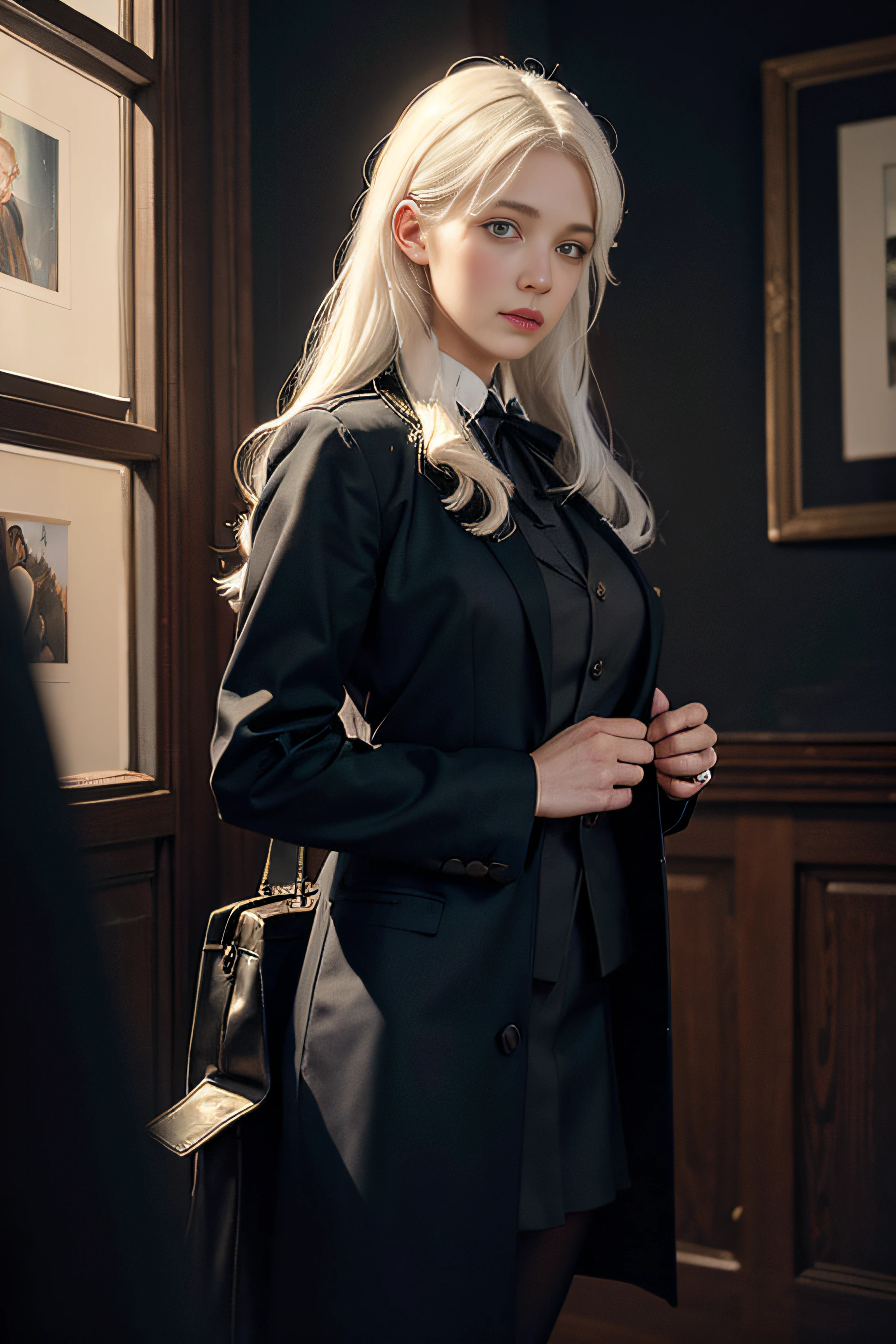 (In the Dark: 1.6), surreal female portrait by David Hockney and Alphonse Mucha, fantasy art, photorealism, dynamic lighting, artstation, poster, volumetric lighting, very detailed faces, 4k, Award Winning, 1girl, In Dark, Deep Shadow, Low Key, Cowboy Shot, (Stewardess Uniform: 1.4), Long Hair, White Hair, Bust, Terminal, Medium Boobs
