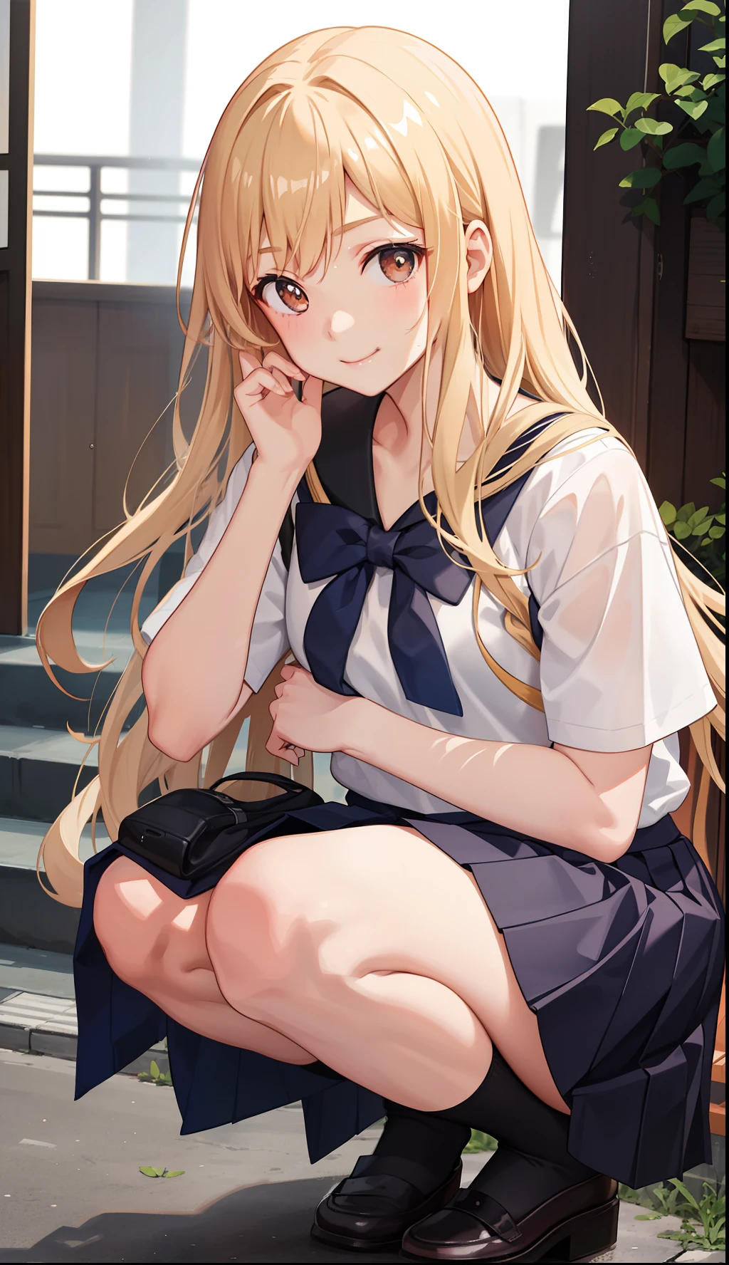 1girl in、A smile、The shirt、skirt by the、（small tits）Chilarism、Japan High School Student Uniform、serafuku、summer clothing、Squall Drenched Uniform、（Sheer Bra）、Upper body portrait、blonde  hair、Squatting panchira、
