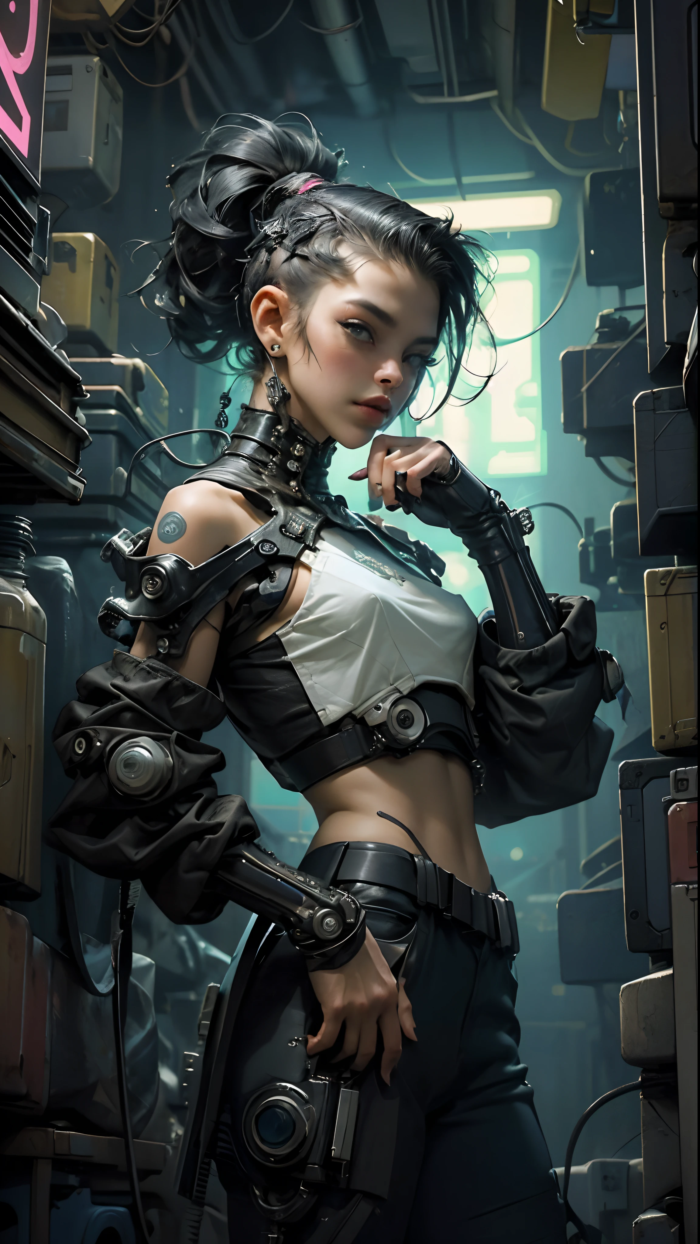 Fotografia ((Melhor qualidade)), ((obra-prima)), (altamente detalhado:1.3), 3D, bela (cyberpunk:1.3) hacker mulher com cabelo volumoso grosso operando um terminal de computador