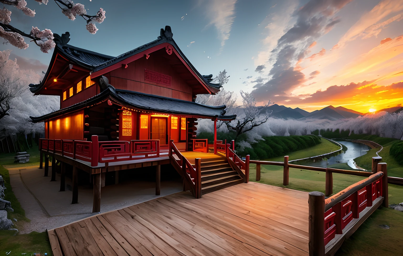 cinmatic lighting, glitters, depth of fields, Ray traching, hyper HD, super detailing, high detal, ancient buildings of China, eventide,Peach Blossom Forest, Colorful flowing clouds, wood bridges, (wooden cabin:1.2), lawns, the sunset, High hills,