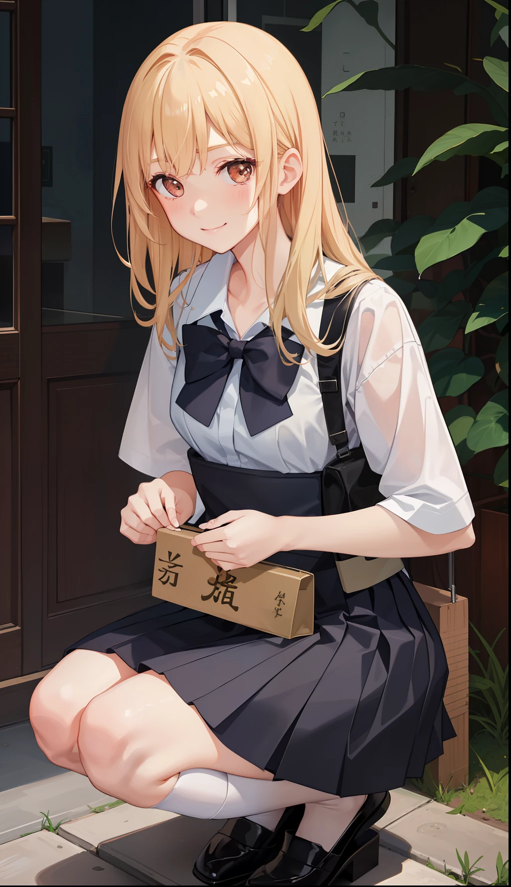 1girl in、A smile、The shirt、skirt by the、(small tits)Chilarism、Japan High School Student Uniform、serafuku、summer clothing、Squall Drenched Uniform、(Sheer Bra)、Upper body portrait、blonde hair、Squatting panchira、