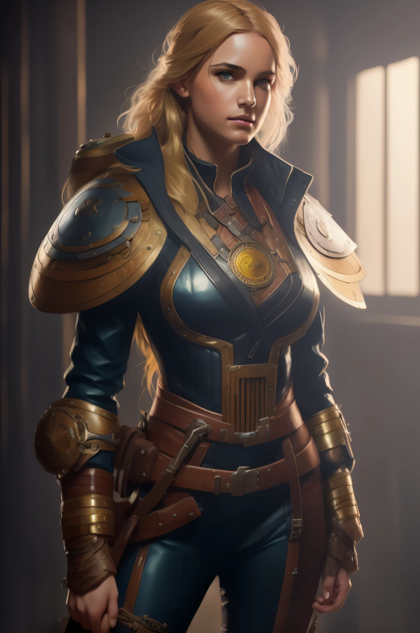 ((cuerpo completo)), La mejor calidad, Obra maestra, (fotorrealista: 1.4), Foto RAW, 8k, CHICA RUBIA CON HOMBRERAS DE ACERO STEAMPUNK, tendencias en Artstation, foco nítido, Foto de estudio, Detalles intrincados, Altamente detallado, por Greg Rutkowski