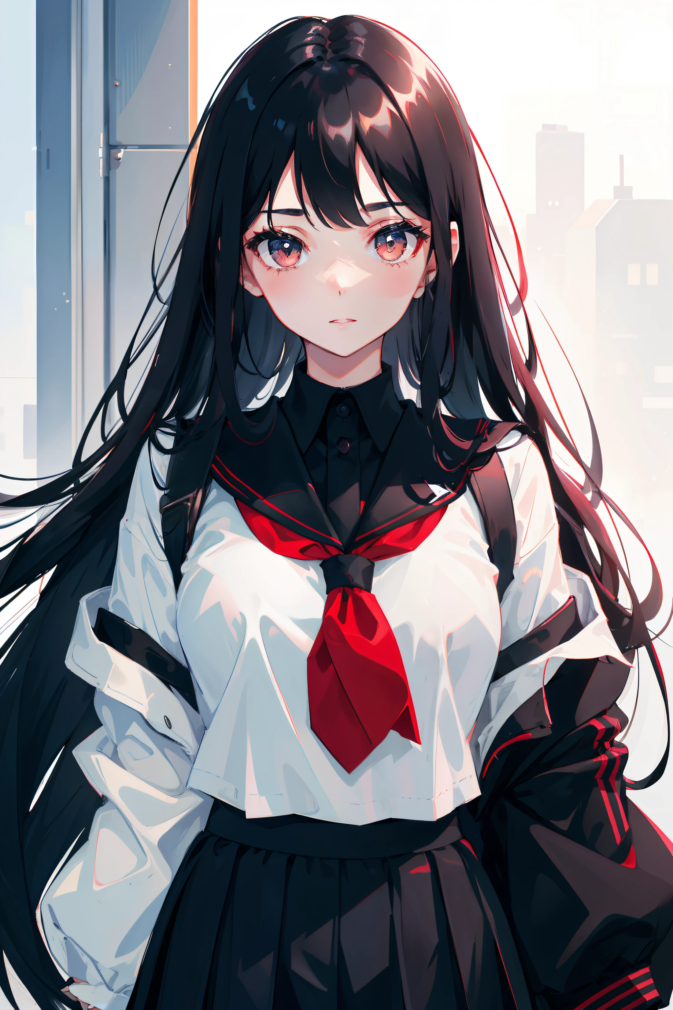 Beautiful girl with long black hair wearing a black skirt and school uniform top, in an ultrasharp 8k masterpiece, making eye contact with the viewer.