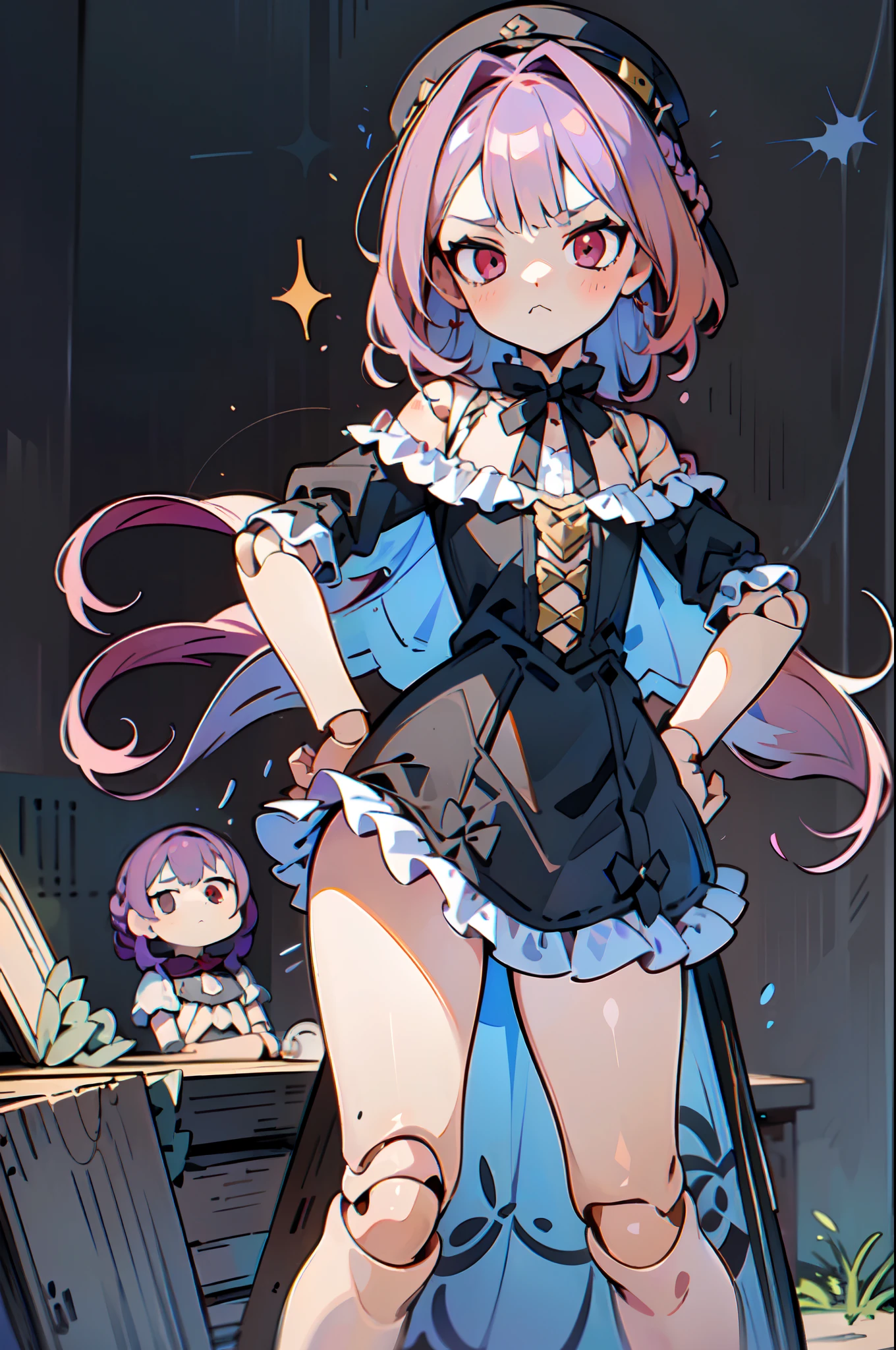 ((masterpiece, illustration, best quality)), 1girl, solo, dollgirl, simple doll joints, light purple hair, long hair, french braid, red eyes, ((jitome, :<, the dollgirl has a characteristic innexpression but she still looks cute)), ((the doll is looking at the viewer with a single hand on her hip, with a sense of anticipation)), just one hand on hip, ((she wears a black frilled victorian dress)), small breasts, flat chest, ((evoking a sense of power and elegance)), ((her despiction is highly detailed, her skin has no flaws)),