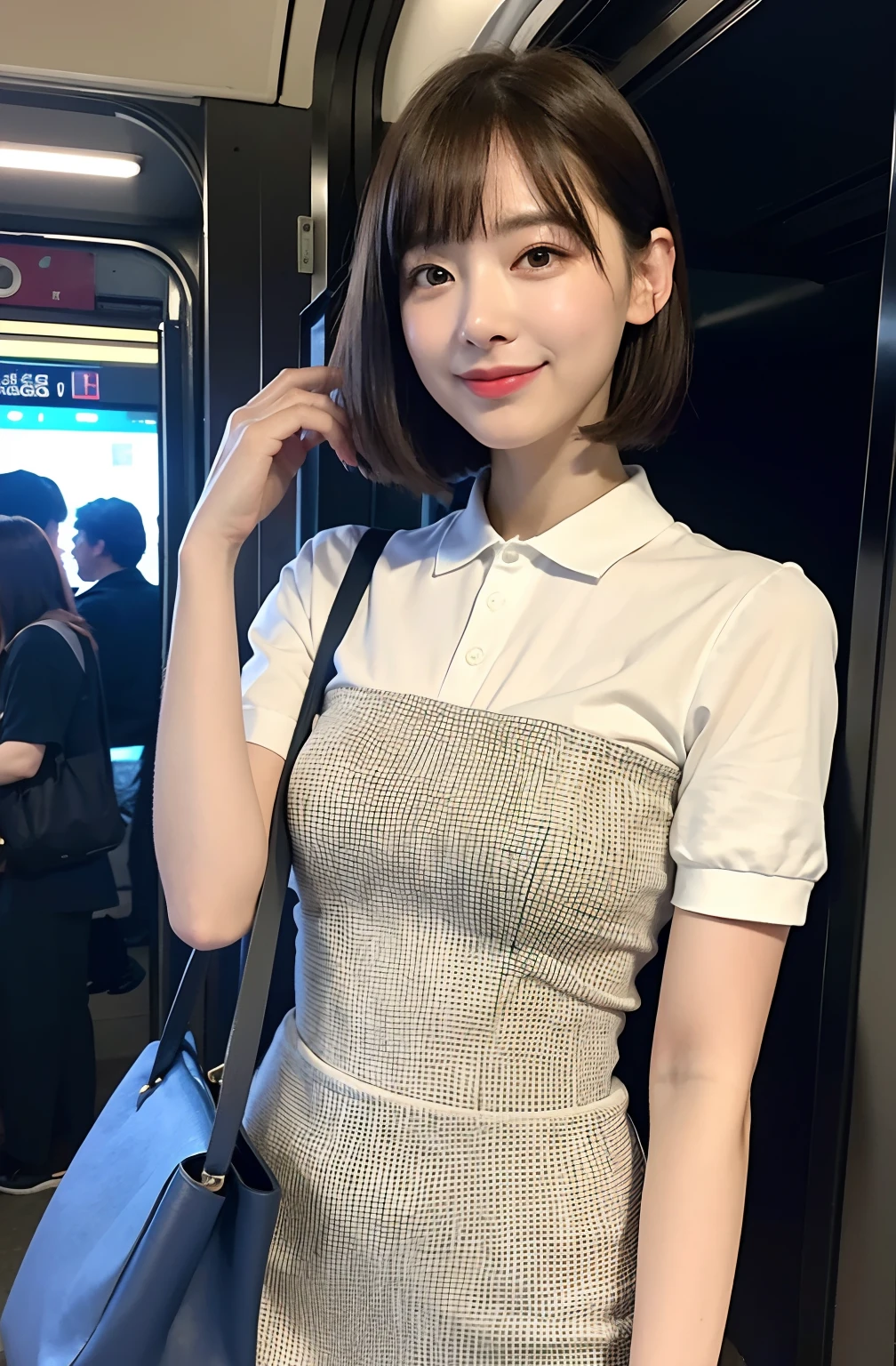 ((8K)、top-quality、​masterpiece、超A high resolution:1.2)Photo Beautiful Japan woman(pleasing:1.1) Elegance、There is a good、Gradient lighting、1girl in、Delicate skin、Look here、Brown-eyed、(short hair with bangs:1.2)、(Medium chest:1.0)、(medium areola:0.8)、(realisitic:1.4)、(top-quality:1.0)、(超A high resolution:1.0)、8K、Raw photography、(​masterpiece:0.2)、(pureerosface_v1:0.5)、Contrast Trim Polo Neck Bodycon Dress、Onepiece、Polo shirt style dresses、Super Mini Length、the skirt is short、Mini dress、Collared dress、shortsleeves、The clothes are dark blue and the collar is white、want me、Staring at this、JR Yamanote Line at night、on train、by the window、erect through、total darkness、subject、Lean、Look here、deep in the night、Holding a train strap with one hand、Standing Sleep、tote bags、laugh、smil、