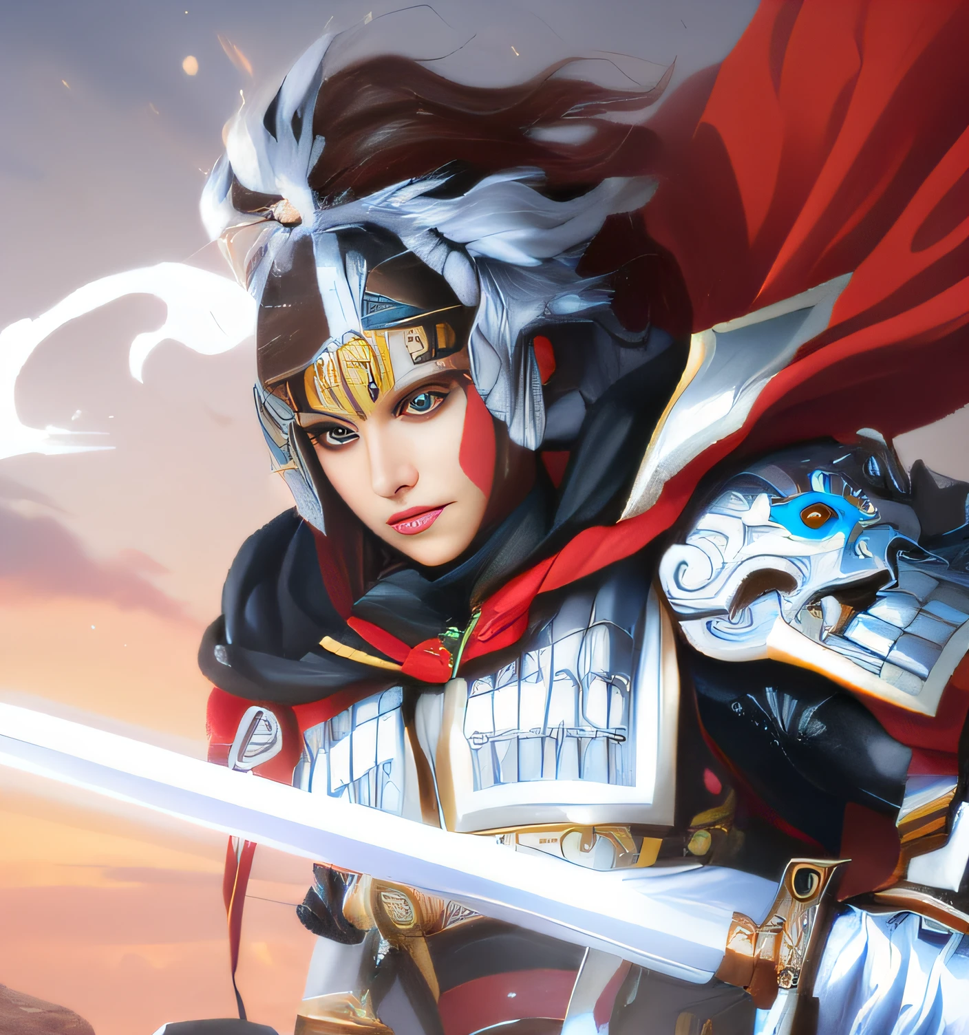 Woman in white armor holding sword