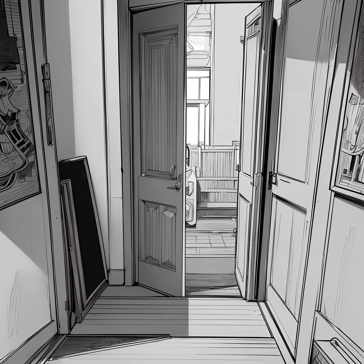 masterpiece、top-quality、High-quality images、8K、 ((unmanned、Background with、Precise perspective、line-drawing、Contour extraction、Monochrome grayscale、Moderate shading、Medium omission、Comic style、)):1.4 ((entranceway、Japan housing complex、door、Angle from the front))1.5