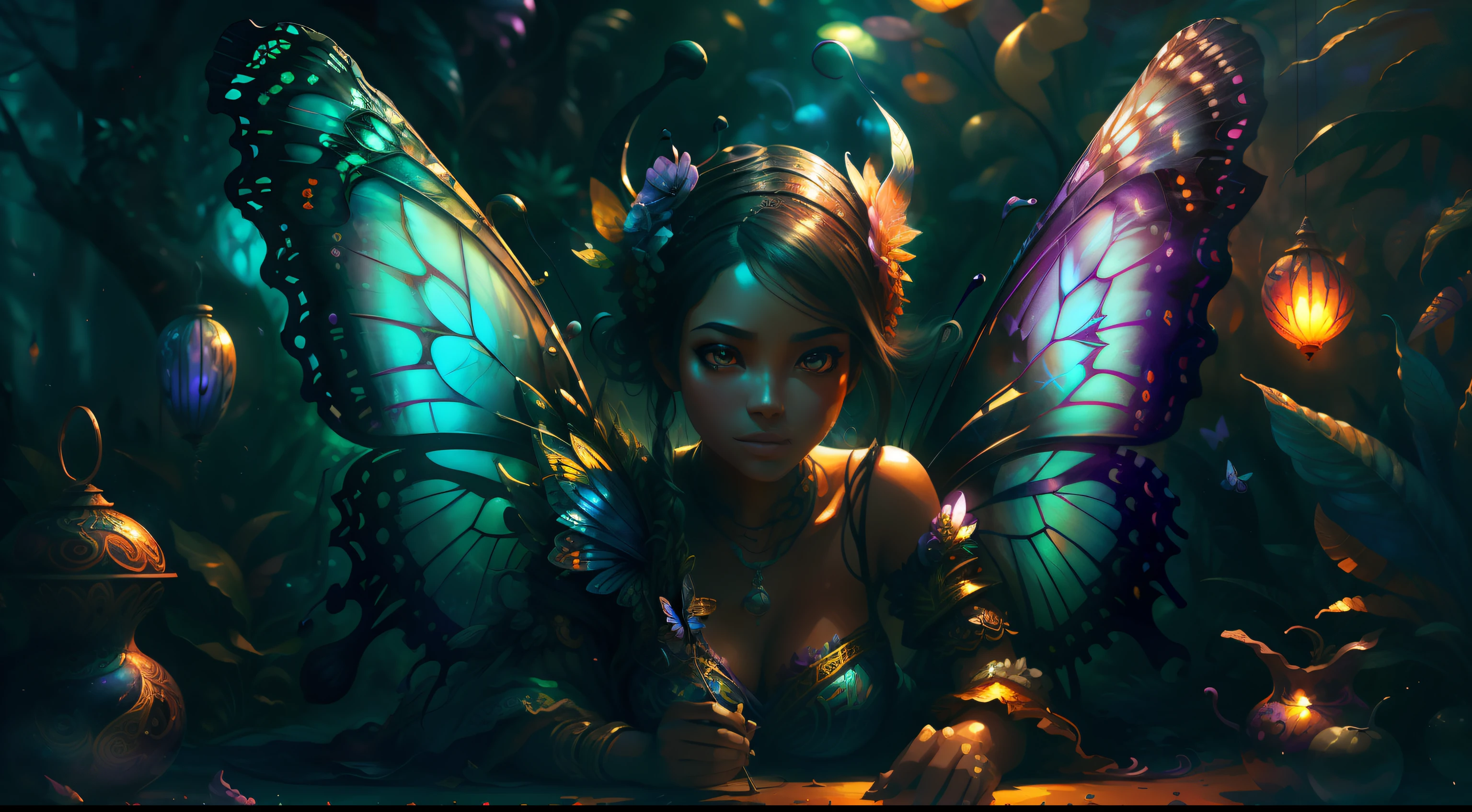 Best quality, masterpiece, super high resolution, an african fairy playing in a futuristic cyberpunk garden, enchanting, high detail, (butterfly wings), (fully clothed body), (dark brown skin), (purple armor) , looking at camera, masterpiece (realistic texture: 1.2), (realistic details: 1.2), (realistic details: 1.2), ([front | side]:1.1), HDR, ultra-refined 3D modeling, as magical as the style paintings painted by Tim Burton, Dale Chihuly, Xiaolongcheng, Cyril Rolando and other authors such as Jr. Gigue. Shadows and lighting intertwine to create brilliant effects.