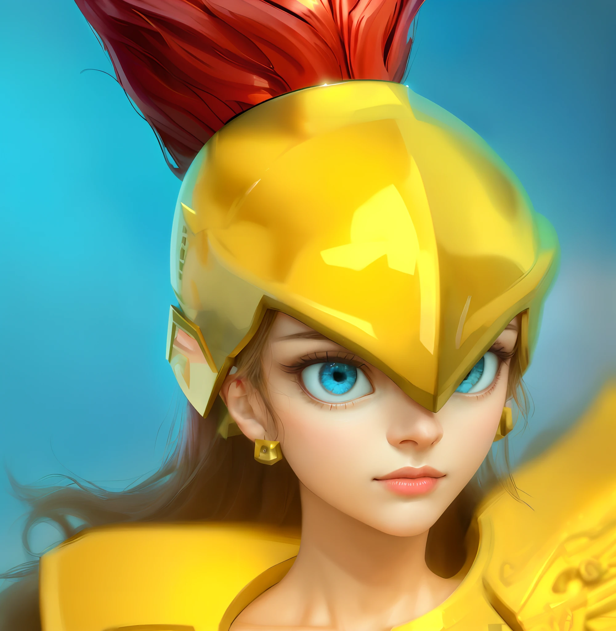 Top image quality、8K picture quality、mystical atlantean valkyrie, 3D Goddess Minerva, Athena、A detailed face、Realistic image、Blue eyes、big eye、Beautie、Gold Helmet、Gold helmet with red hair ornament、Gold helmet with red standing hair