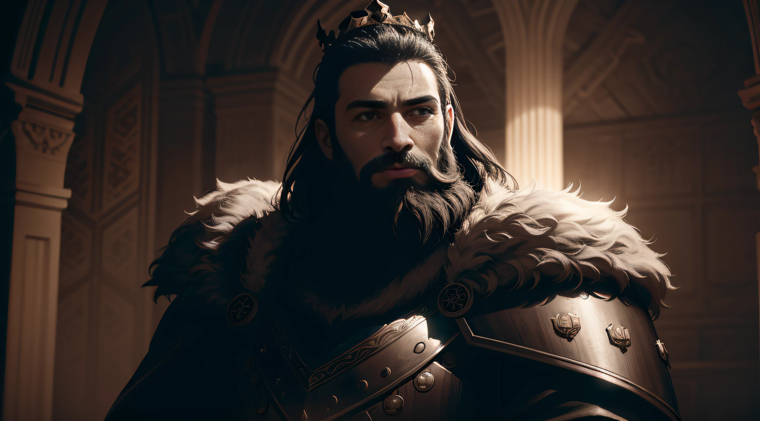 best quality, 500px, cgsociety, 8k, raw photo of (beautiful:1.2) human king, wear king crown, king armor, 40yo, beard, in castle, full body, ambient light, backlight, volumetric lighting, realistic, realistic lighting, cinematic lighting, depth of field, sharp focus, (high contrast:1.2), (film grain)