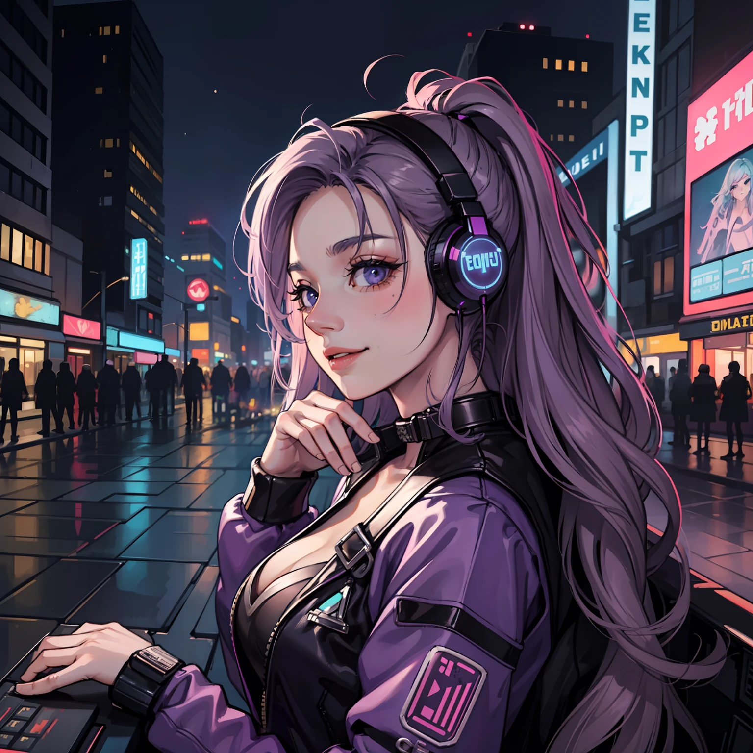 masterpiece, top quality, best quality, extreme detailed, highest detailed, official art, beautiful and aesthetic:1.2), colorful, beautiful face, solo, perfect body, 1girl, seductive, smiling, long purple grey hair curl, with headphones listening to music, lofi study, portrait, profile picture, night, cyberpunk, lofi portrait, digital illustration, concept art, in a city at night with neon lights and buildings in the background, in the Sci-fi City at night, beautiful and aesthetic