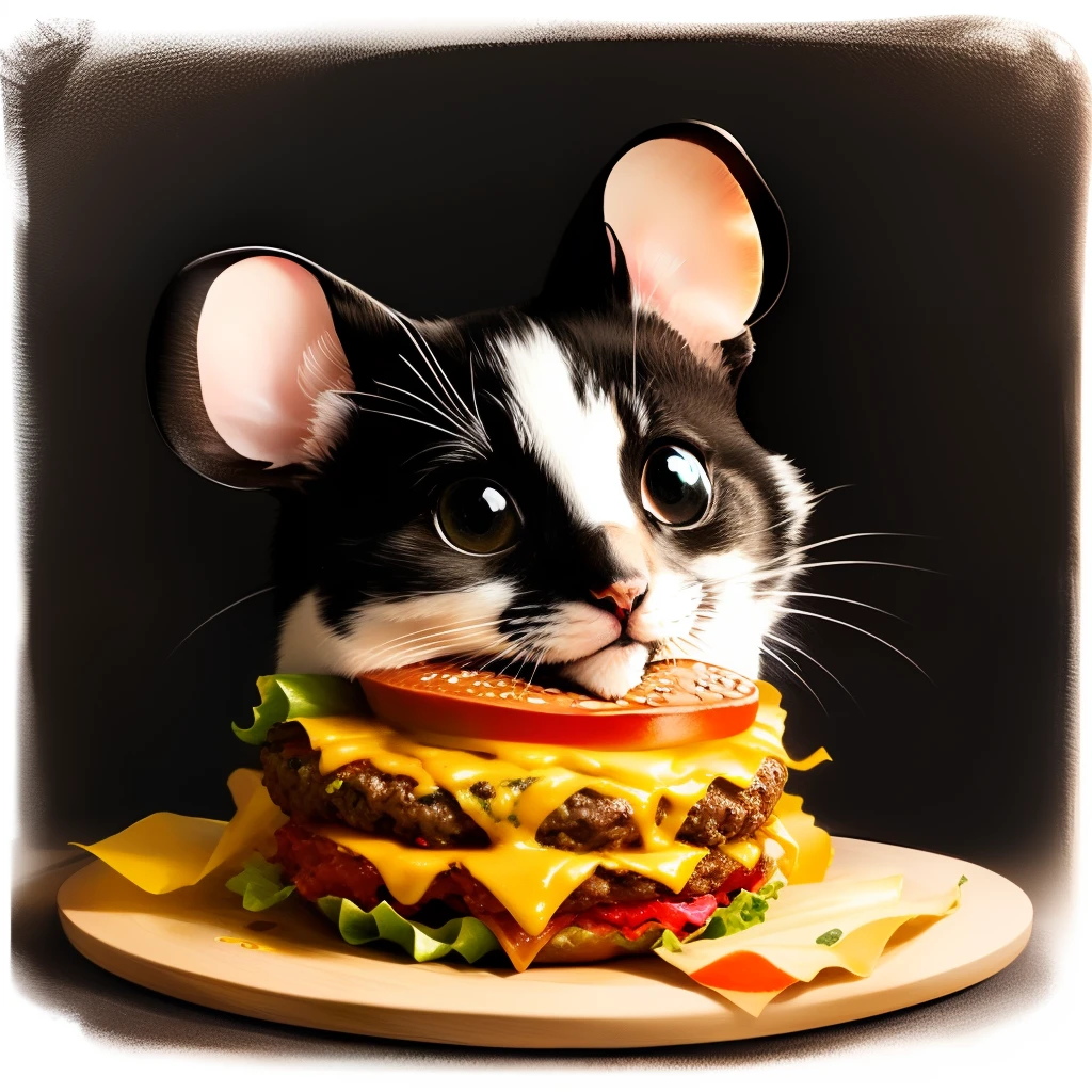 I make a black and white mouse eating a hamburger